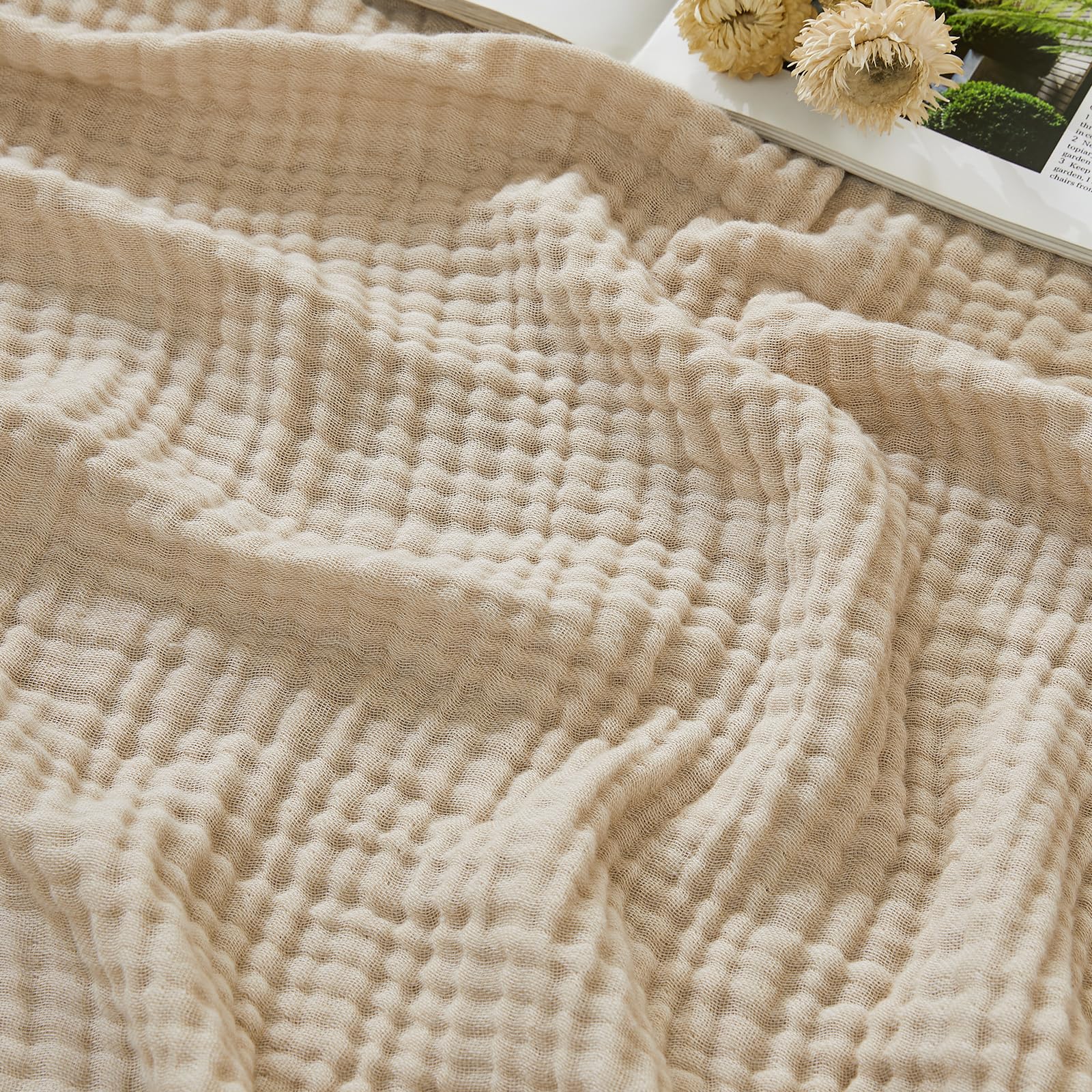 EMME Cotton Muslin Queen Blanket Bed Layering Bedspread Coverlet Breathable Gauze Soft Lightweight Blankets (Beige,228 x 228cm) โ image 1