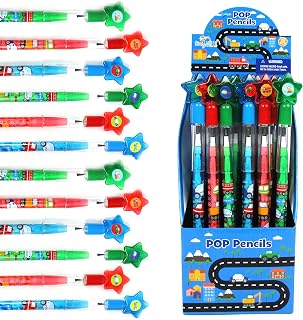 TINYMILLS 24 Pcs Transportation Stackable Push Pencil Assortment with Eraser for Party Favors Goodie Bag Stuffers VBS Classroom Rewards Pinata Fillers Carnival Prize