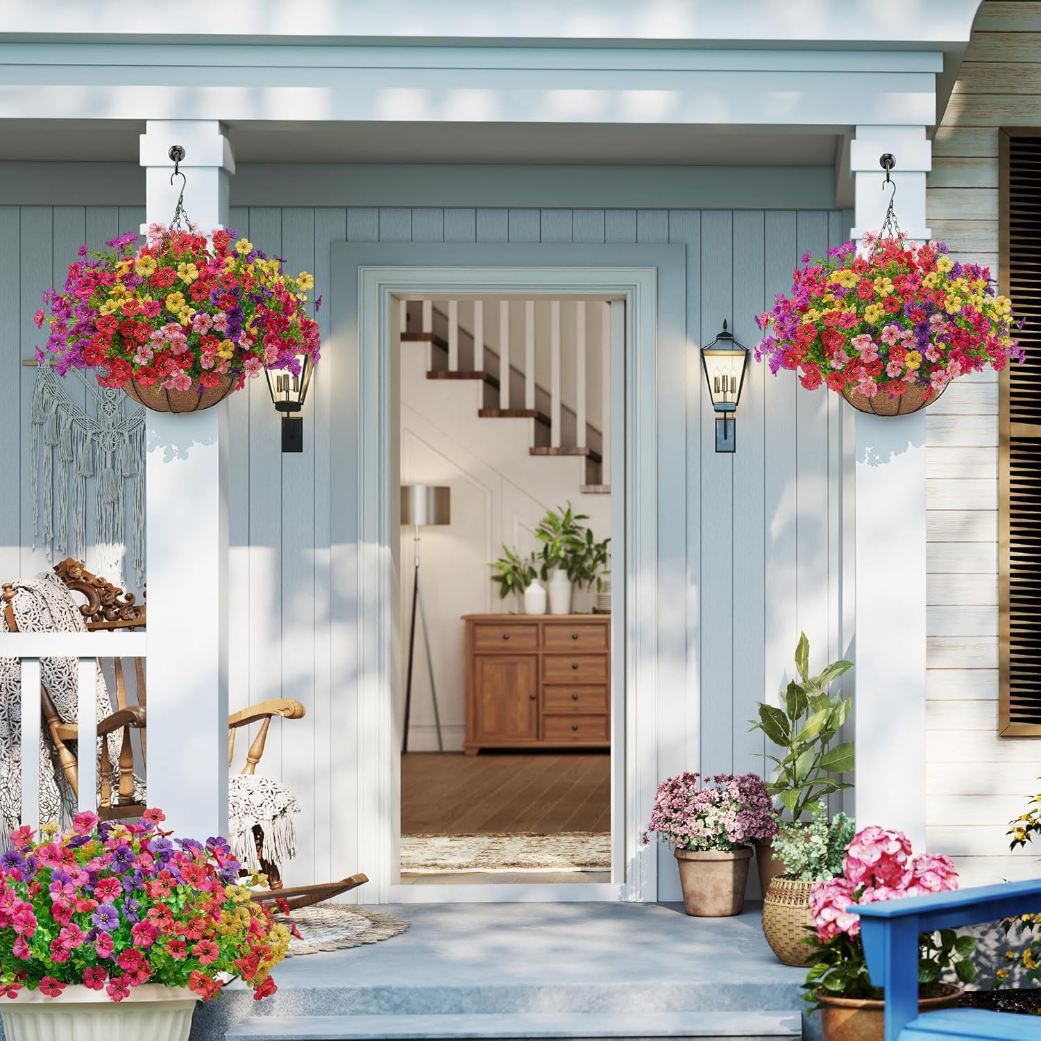 Artificial Faux Hanging Plants Flowers Basket for Outdoors Spring Summer Decoration,Hanging Planters with Fake Silk Flowers UV Resistant Realistic for Outside Porch Patio Balcony Garden （6 Multicolor）