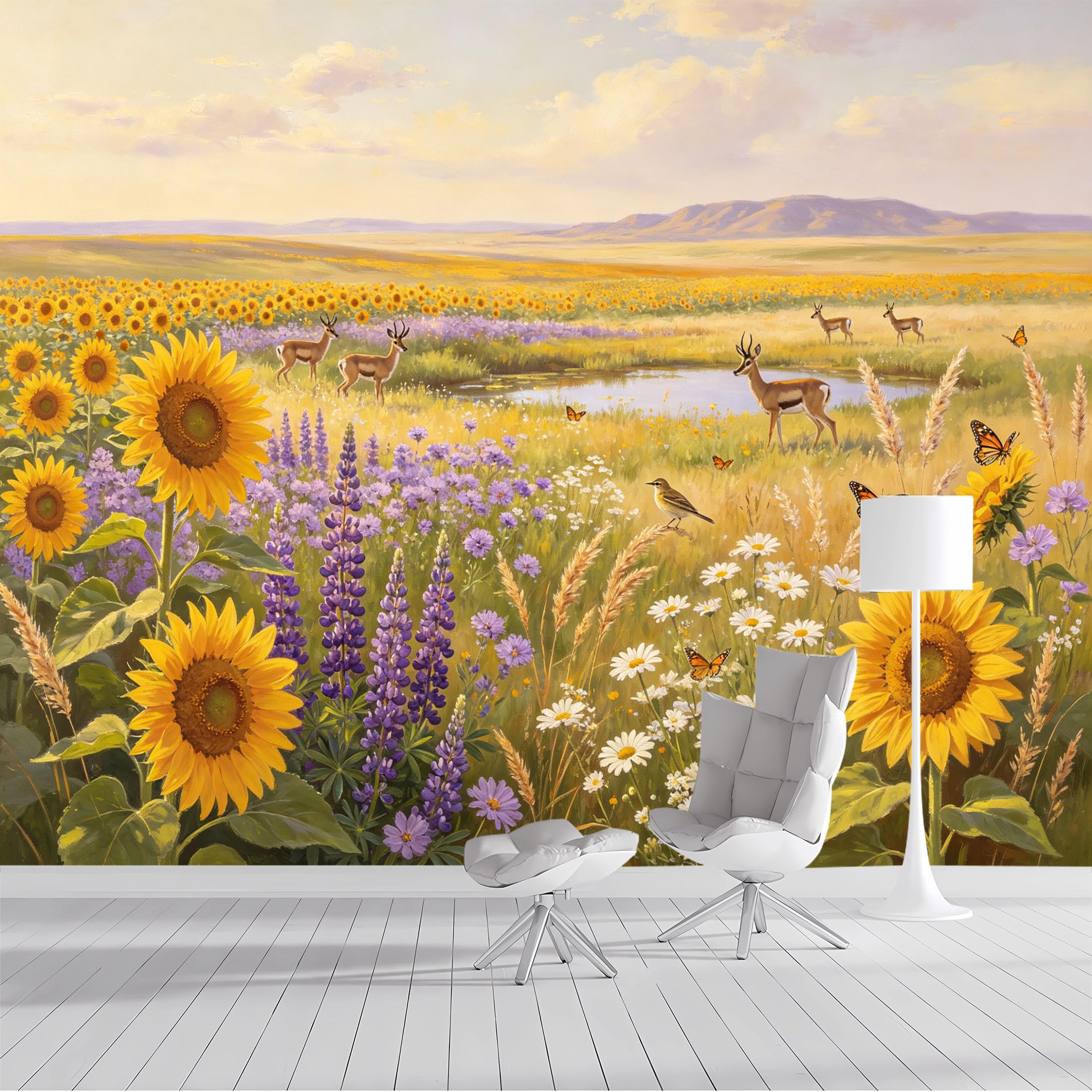 Custom Size Wall Mural Sunflower Field with Deer and Butterflies Pastoral Landscape Oil Painting SelfAdhesive Wall Fabric Removable Peel and Stick Wallpaper for Living Room Bedroom Bathroom