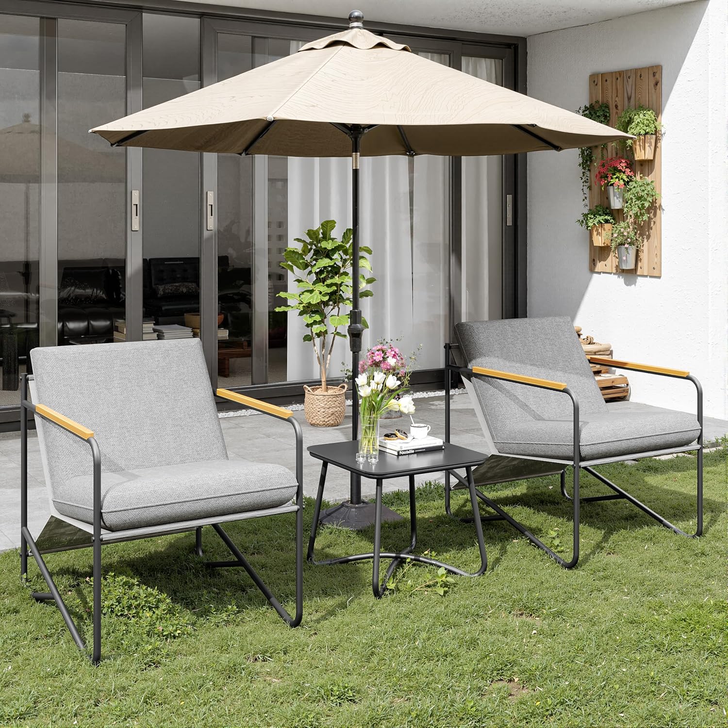 3-Piece Patio Furniture Set, Compact Outdoor Conversation Set with 2 Chairs and Glass Table, Weather-Resistant for Apartment Patio, Small Spaces, Balcony, Backyard – Grey