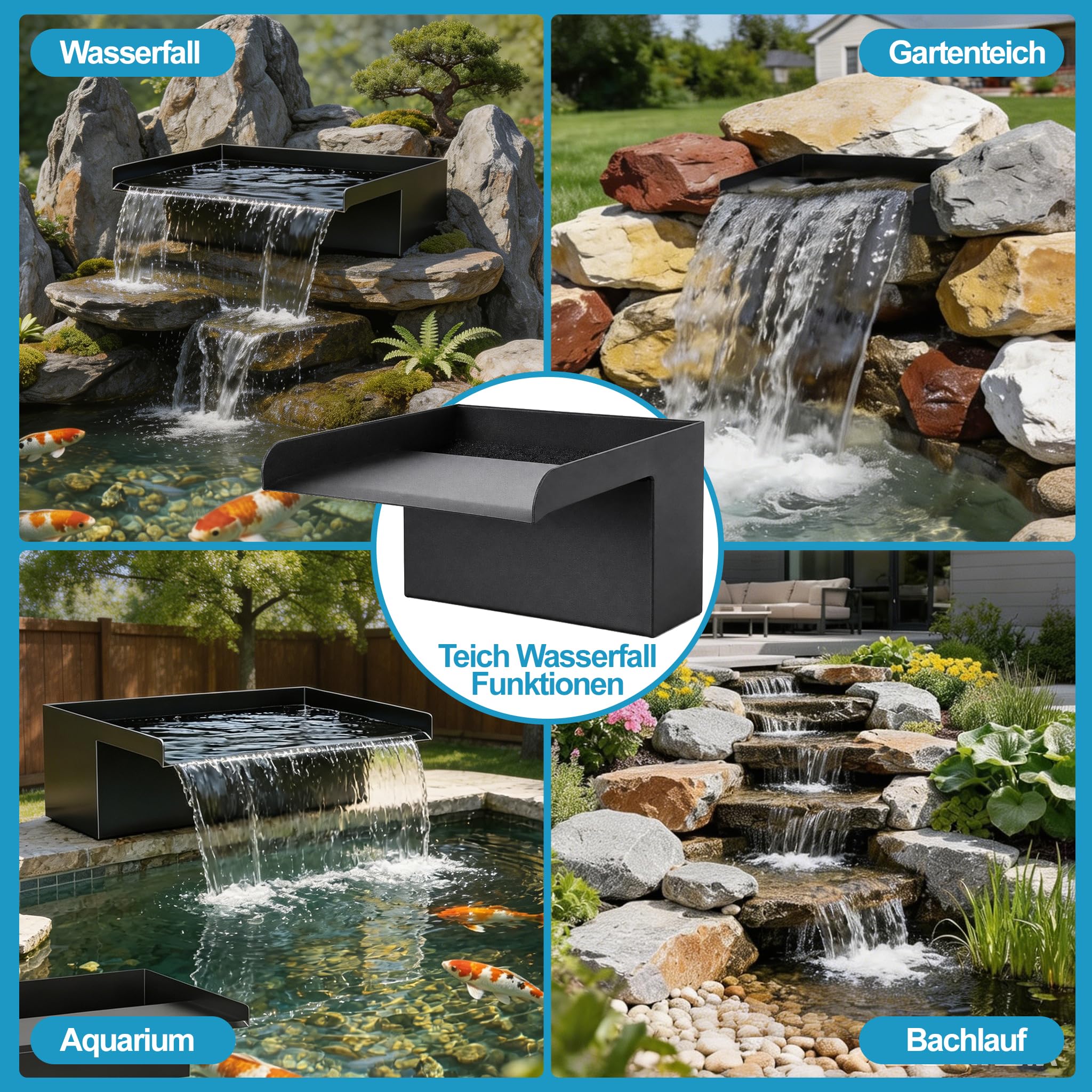 Set a cascata in acciaio inox, con pompa da laghetto da 45 W, tubo da 1,2 m e mezzi filtranti, set di filtri a cascata per laghetti da giardino, laghetti Koi, piscina e giochi d'acqua da