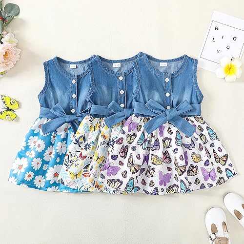 Miniatura 4 de Saeaby Vestido de niña pequeña, ropa de verano para niña, vestido sin mangas, vestido de mezclilla con flores, vestidos lindos para niña