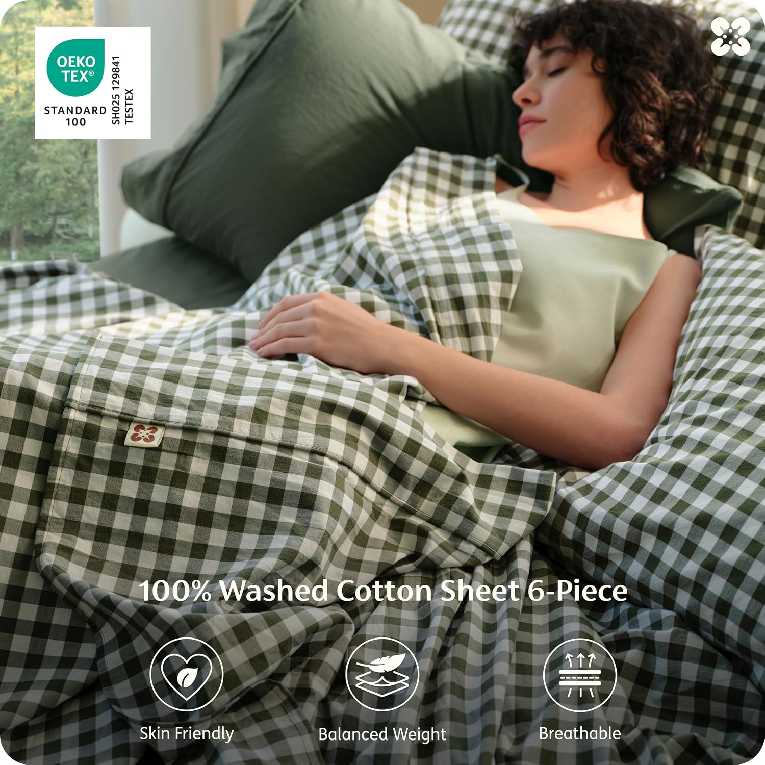 Bedsure Gingham Queen Sheet Set 6 Piece - 100% Washed Cotton Linen Feel, 18" Deep Pocket Breathable Checkered Yarn-Dyed Plaid Bedding, Farmhouse & PureWoven Comfy Bed Sheets (Olive Green, Queen)