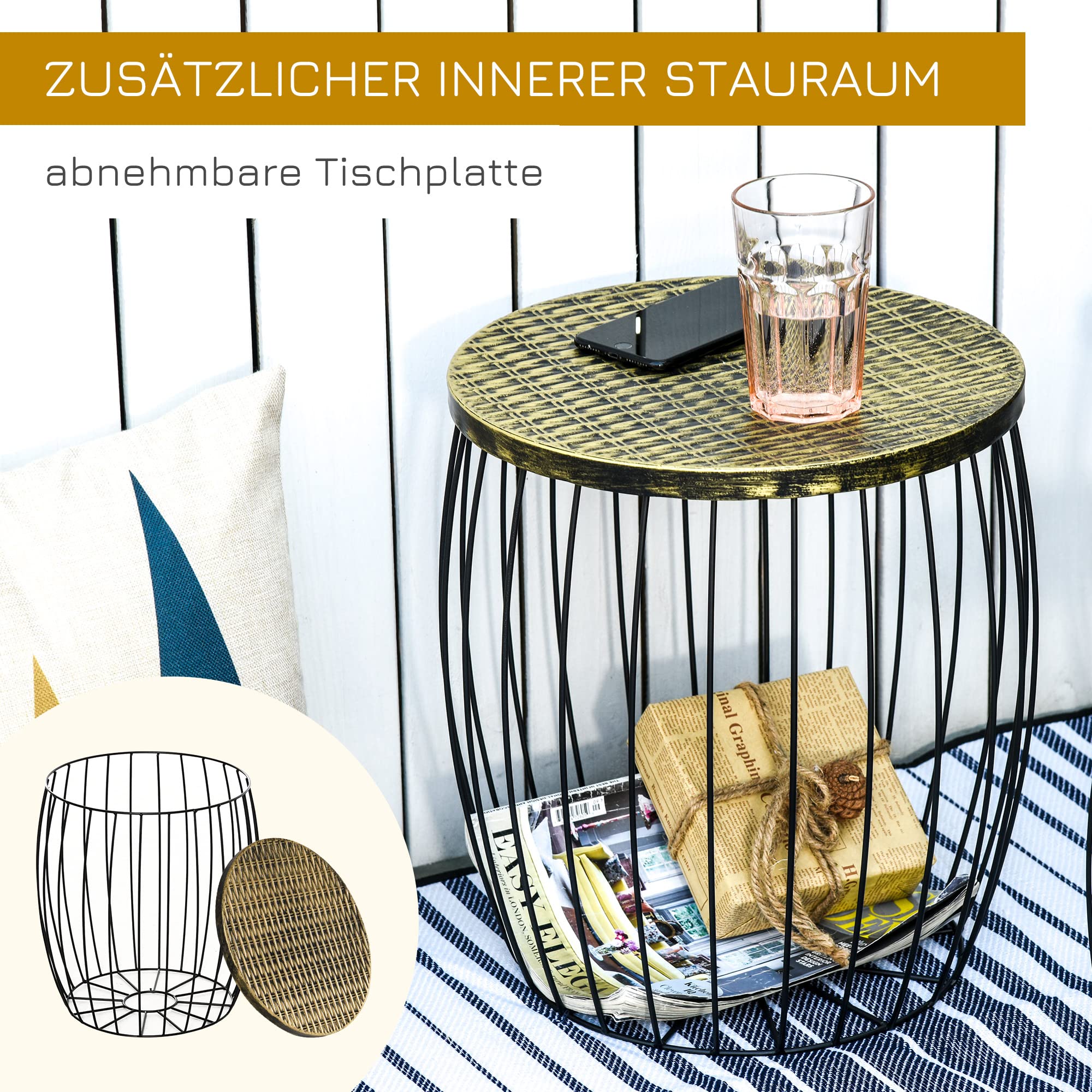 Outsunny Couchtische Beistelltisch Outdoor 3er-Set Metall Natur+Schwarz