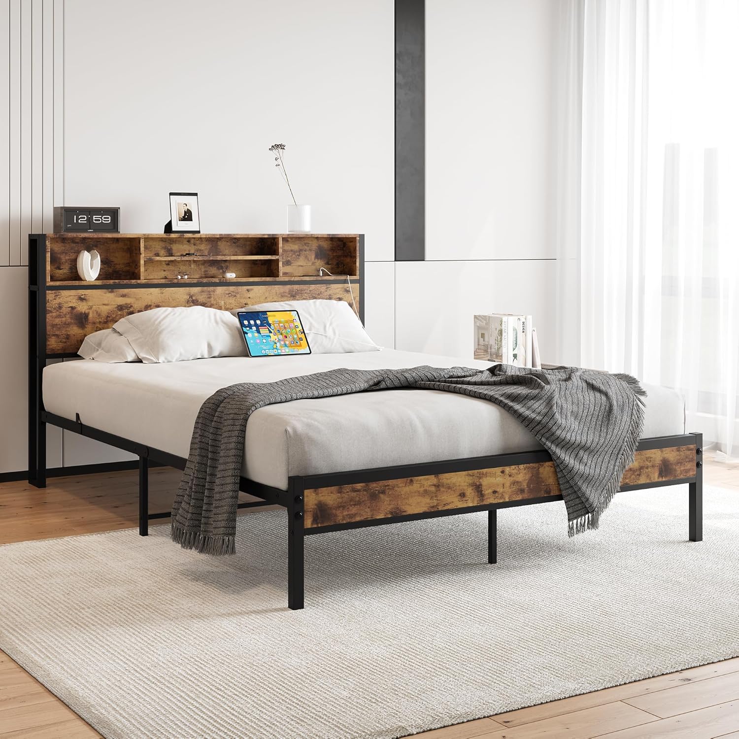 Crocofair Queen Bed Frame with Bookcase Headboard and USB Ports,Metal Platform Bed Queen Size Mattress Foundation,Metal Slats Support,No Box Spring Needed,Industrial Style(Vintage Brown) - Image 3