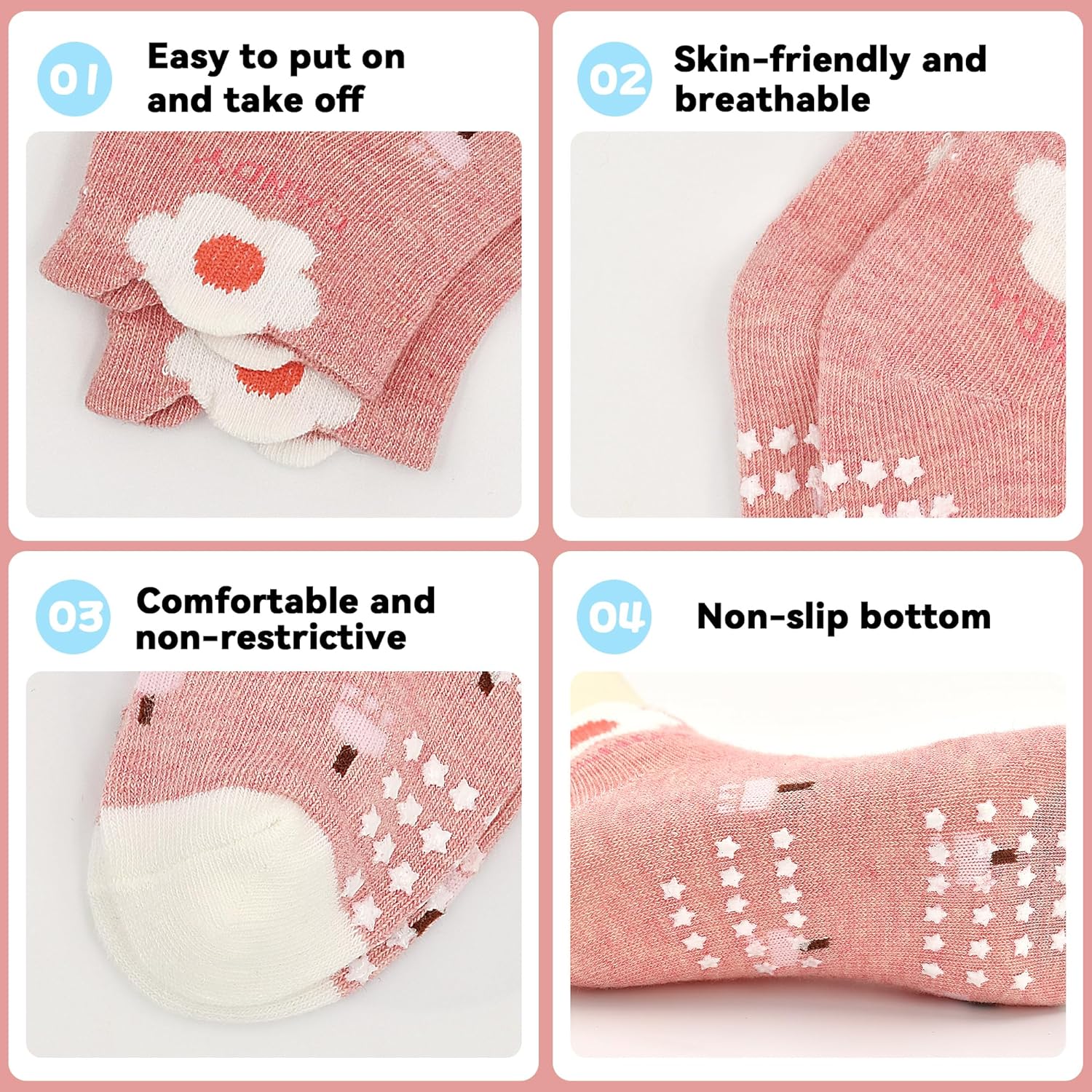 Tphon Toddler Girls Socks with Grips Baby Anti Slip Ankle Socks 12 Pairs Kids Cute Cartoon Patterns Sock for 6M-7Years - Image 3