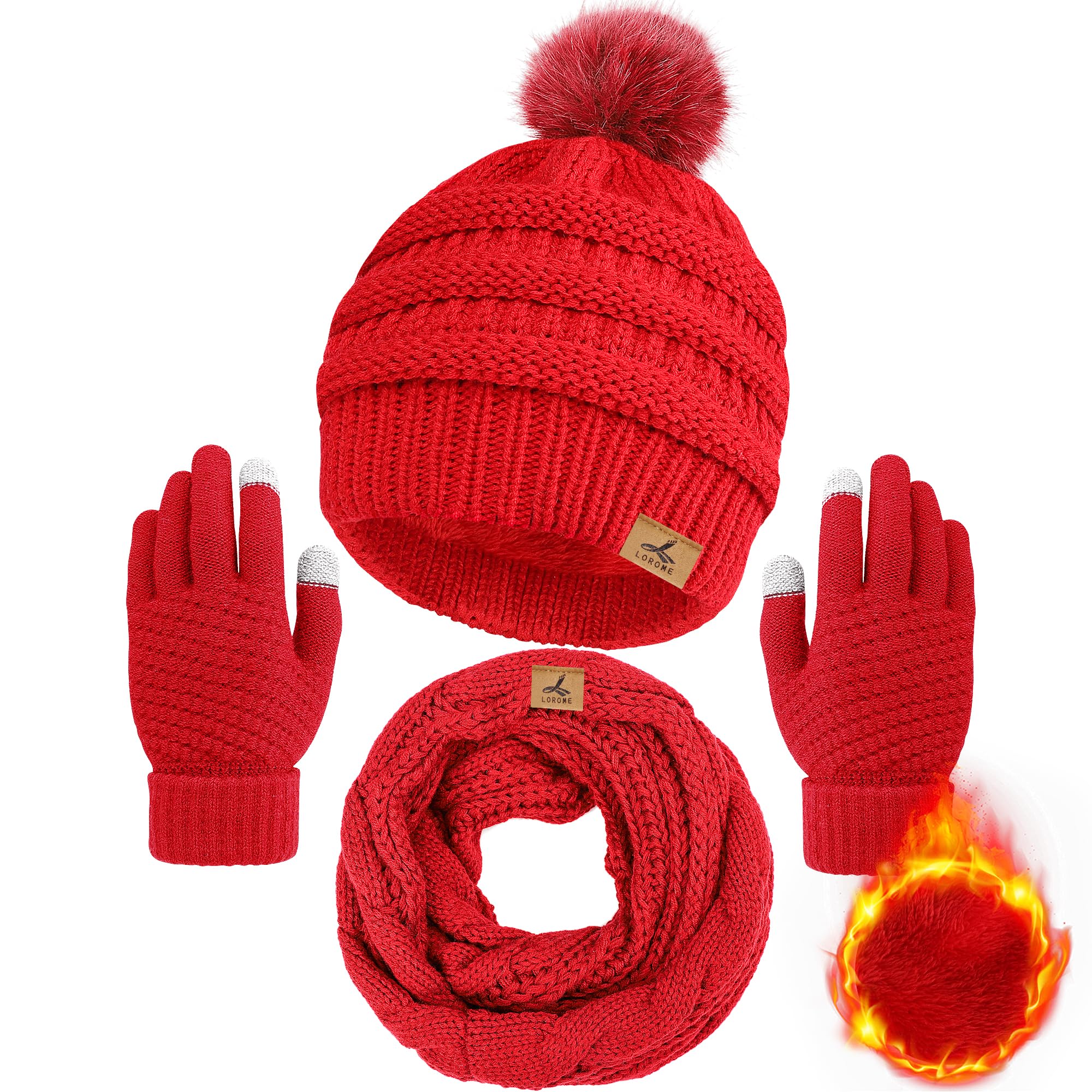 Winter Beanie Hat Scarf Gloves Set, Soft Warm Knit Hat Warm Touchscreen Gloves Neck Warmer Thick Knitted Scarves for Women