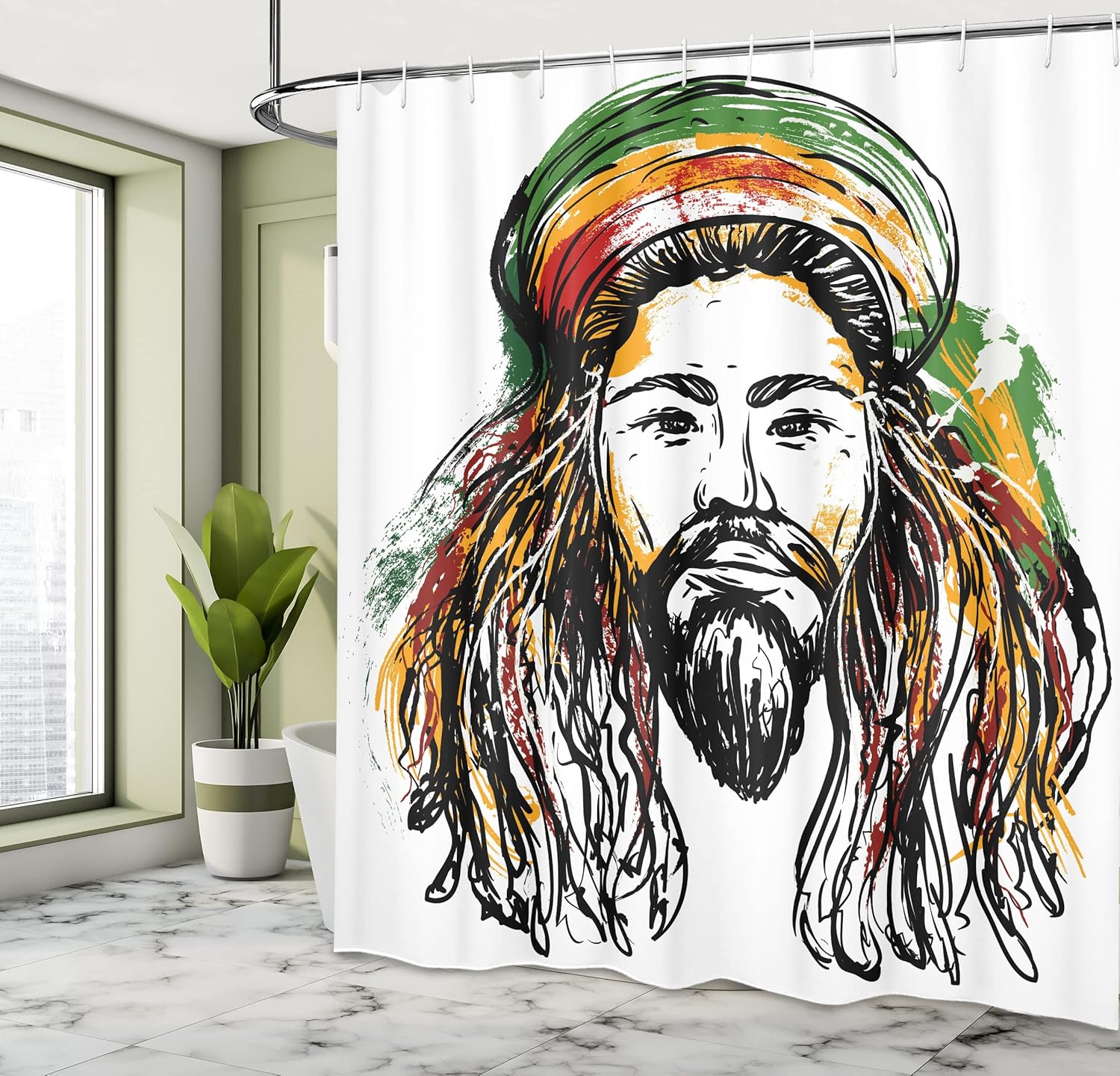 Ambesonne Rasta Shower Curtain, Folk Culture Concept Sketchy Portrait of Rasta Man Jamaican Island Theme Reggae Cultural Art Image, Fabric Bathroom Decor Set with Hooks, 69" W x 70" L, Black Green