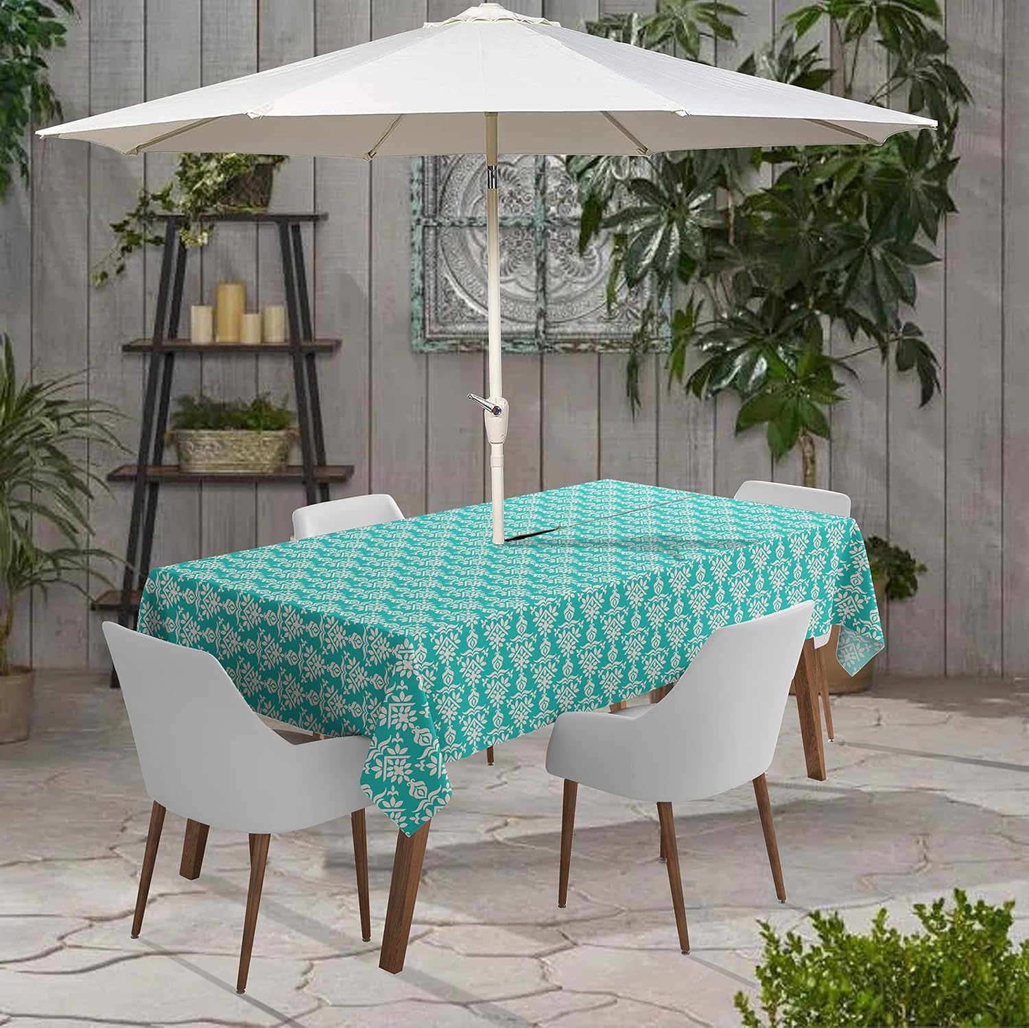 Indoor/Outdoor Tablecloth 58x82 Inch RectangleTablecloth with Umbrella Hole and Zip- Waterproof Patio Table Cloths- Table Covers for Backyard Rectangular Table- Turquoise Blue