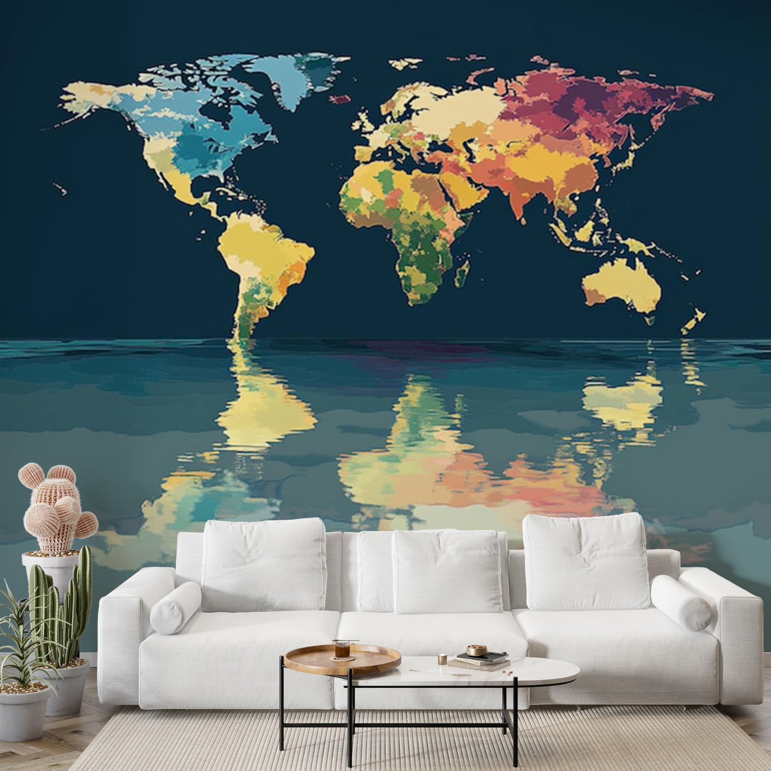 Papier peint panoramique carte du monde océan 3D aquarelle intissé 300x210 cm