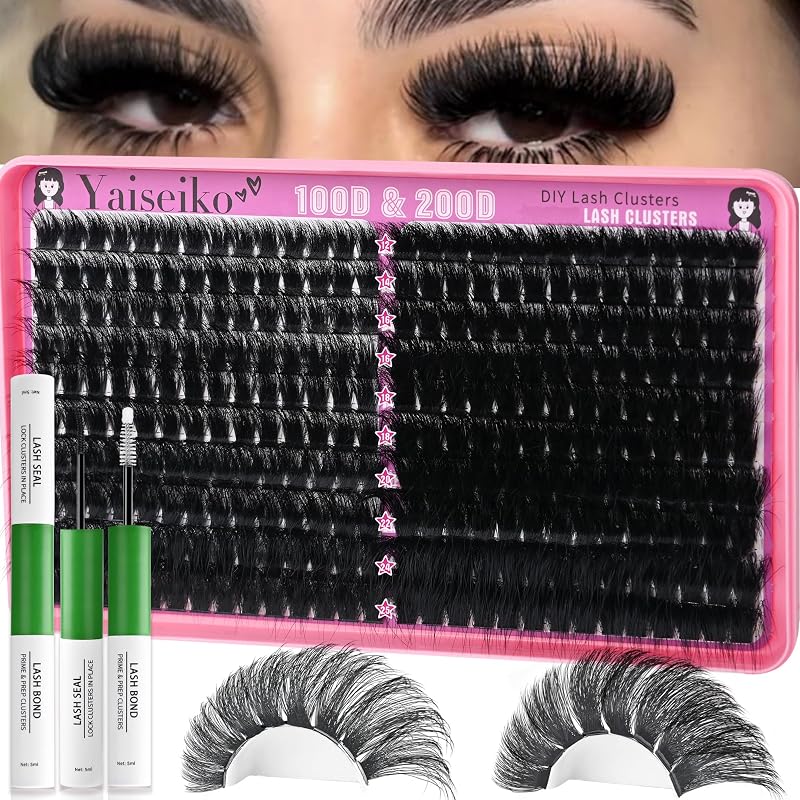 Cílios postiços em tufos Yaiseiko D Curl 100D+200D, 12–25 mm, com cola e selante, KIT-280PCS — 280 unidades
