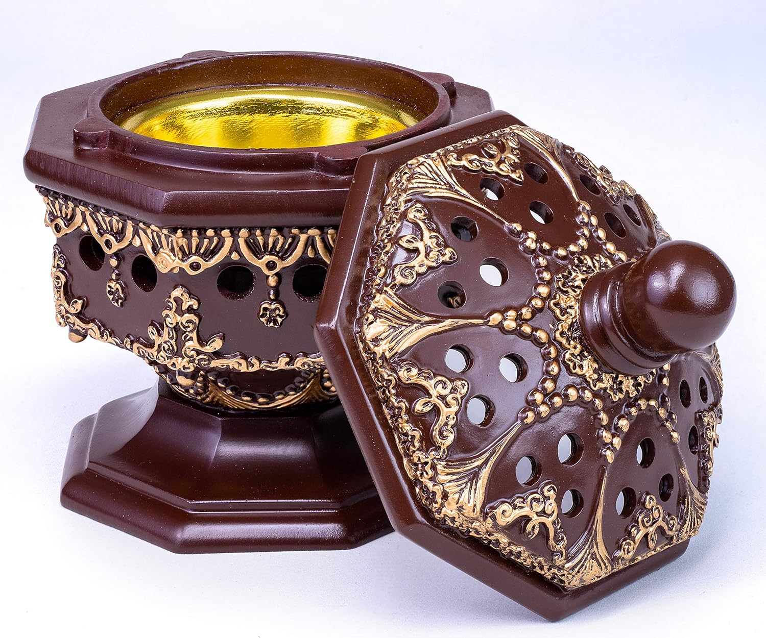 AM Lux Octagon Incense Burner – Bakhoor & Cone Holder | Charcoal Resin Burner for Frankincense, Myrrh & Aromatherapy | Decorative Mabkhara for Home, Office & Meditation Room Decor | Gift Box (Brown)