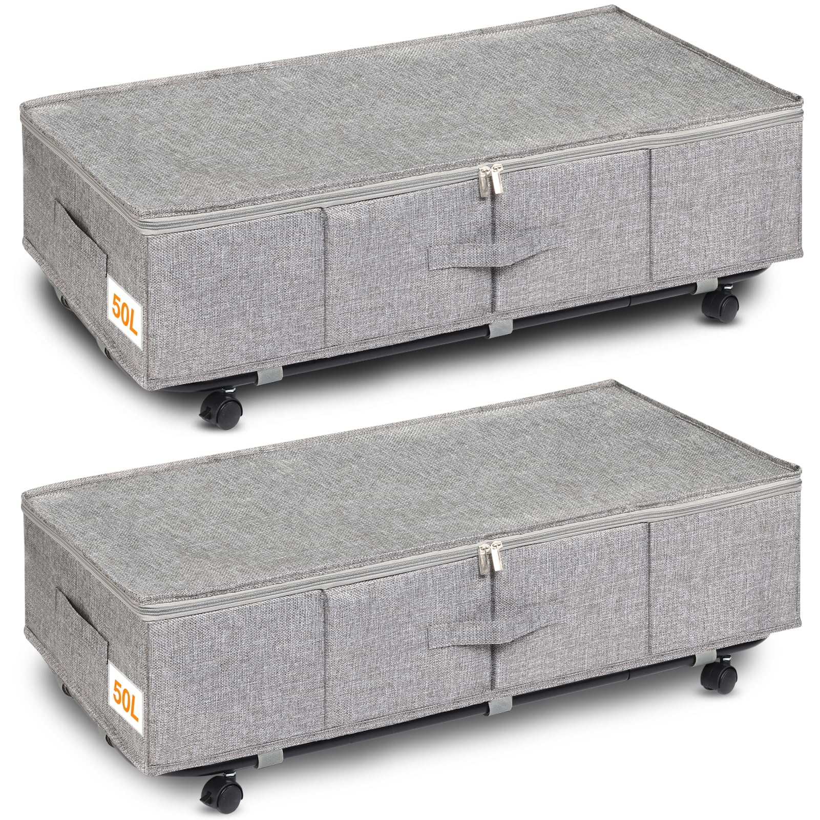 Under Bed Storage on Wheels, 50L Large Underbed Storage on Wheels, 2 Pack Foldable Under Bed Storage Box with Lid & Zips, Rolling Underbed Storage with Wheels for Clothes, Shoes, Blankets