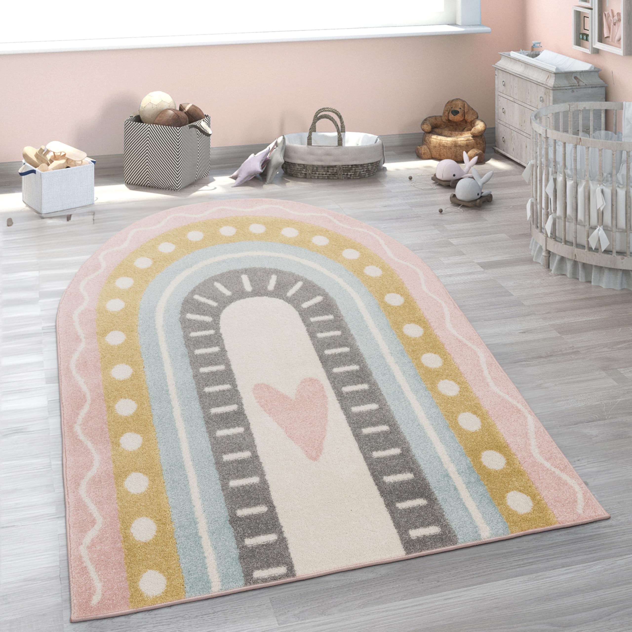 Paco Home Kinderteppich Teppich Kinderzimmer Mädchen Jungs Verschiedene Motive Und Größen, Grösse:120x160 cm Regenbogen-Form, Farbe: Rosa Blau Gelb