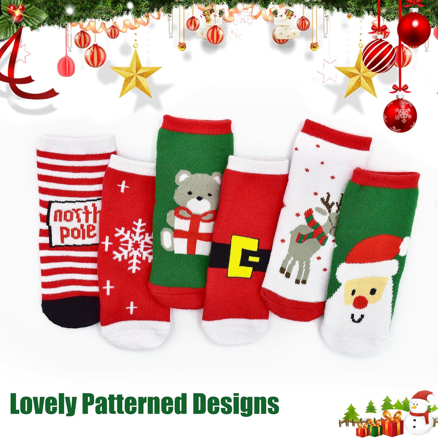 Kids Christmas Socks, Newborn Toddler Kids Crew Socks for Girls Boys(0-9 Years), 6 Pairs Baby Xmas Holiday Socks - Image 3