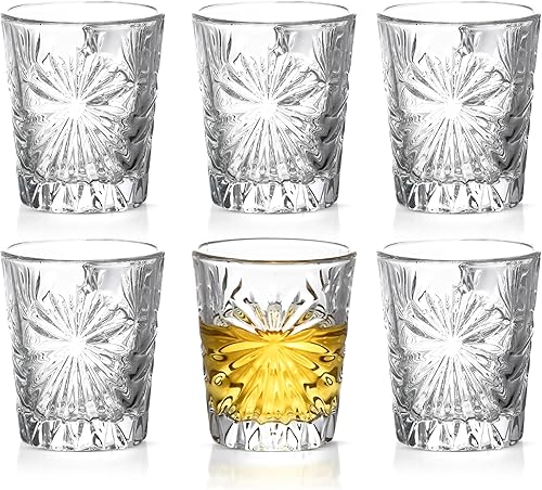 REGAL TRUNK & CO. Vasos de chupito de cristal, juego de 6 vasos de chupito de tequila, diseño único y delicado, juego vintage adecuado para aperto,