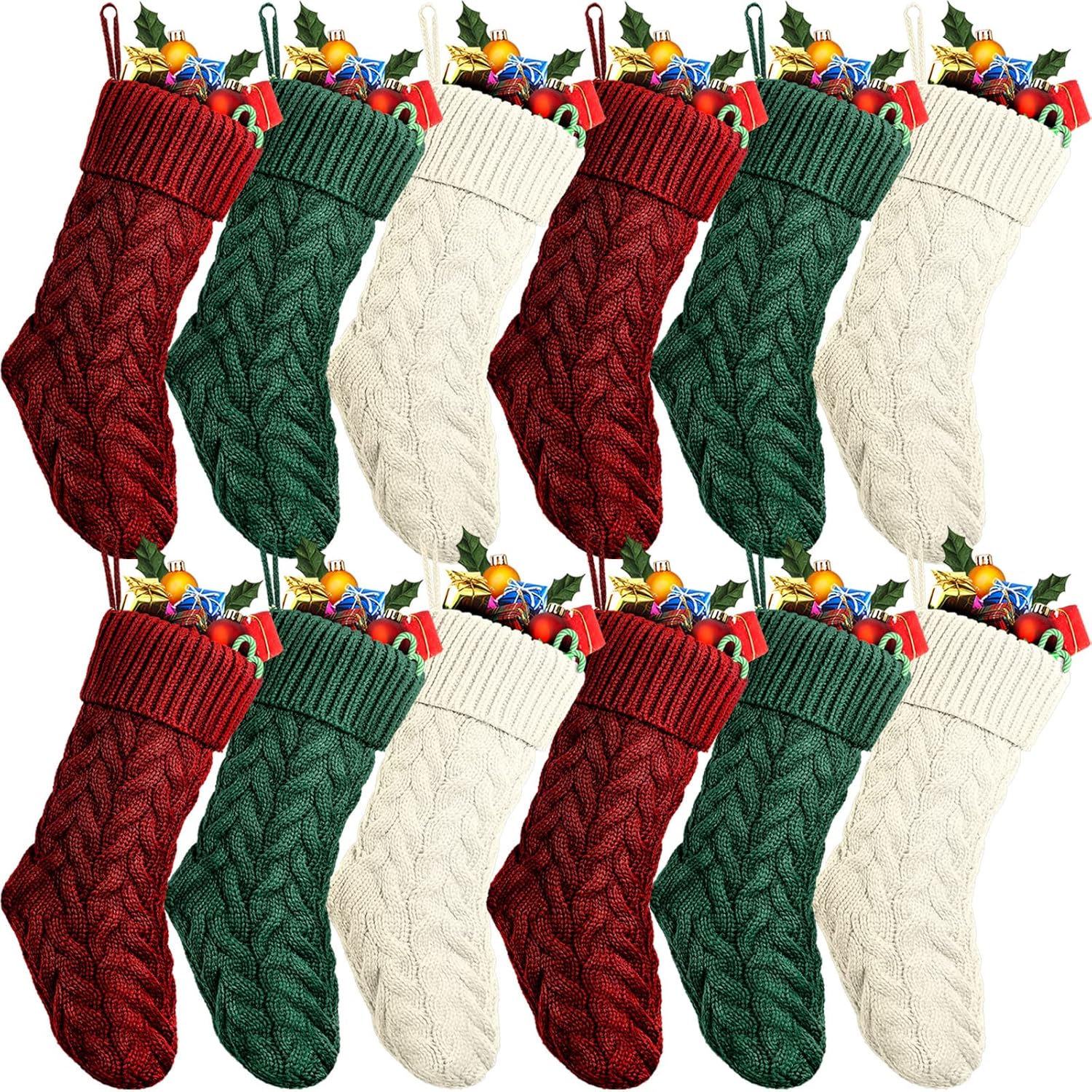 Vinsot 12 Pcs 12 Set Christmas Stockings Christmas Cable Knitted Stockings Decoration for Fireplace Xmas Family Holiday Party (Wine,Ivory,Green)