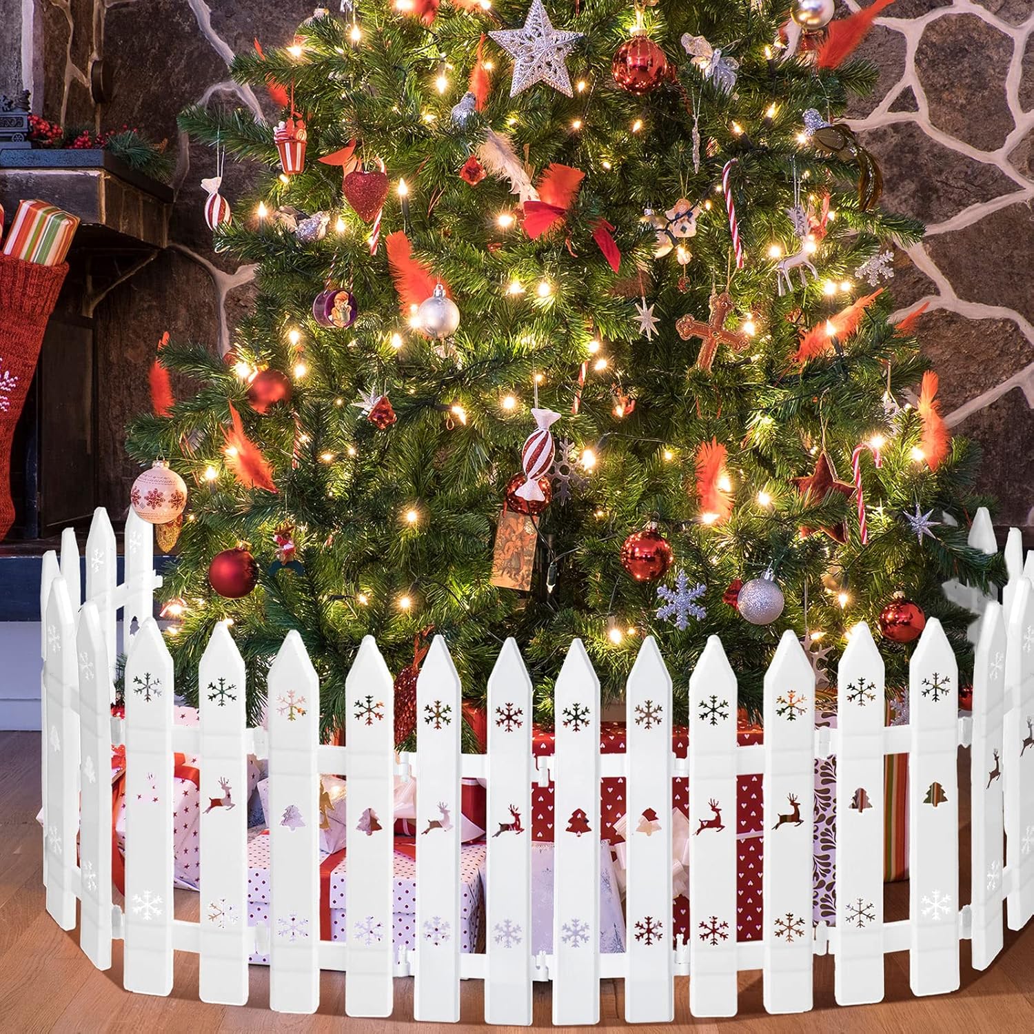 Zhanmai 24 Pcs Christmas Tree Fence White Plastic Picket Fence Decorative Border Garden Picket Gate Christmas Tree Gate Barrier for Dogs Weeding Garden Home Party Decorations 11.81 x 3.94 Inch