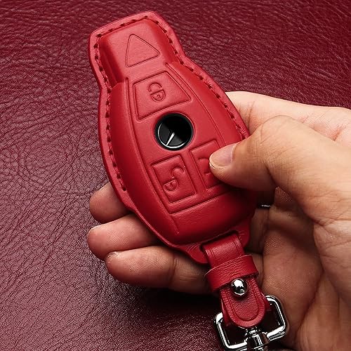 Miniatura 5 de Tukellen Funda para llavero Mercedes Benz de piel auténtica con llavero, protector de cuero compatible con C E M S CLS CLK GLK GLC G AMG Series