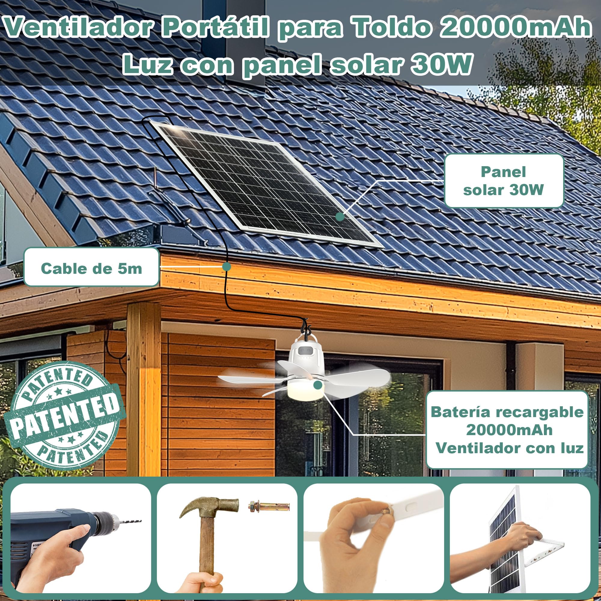Gliztech Ventilador de Techo con luz Solar, Lampara Ventilador Techo de con iluminación, Panel Solar Control Remoto, Ideal Para Patios, Cenadores, Parasol, Toldos, Parasol, Camping y Jardín. (50cm)