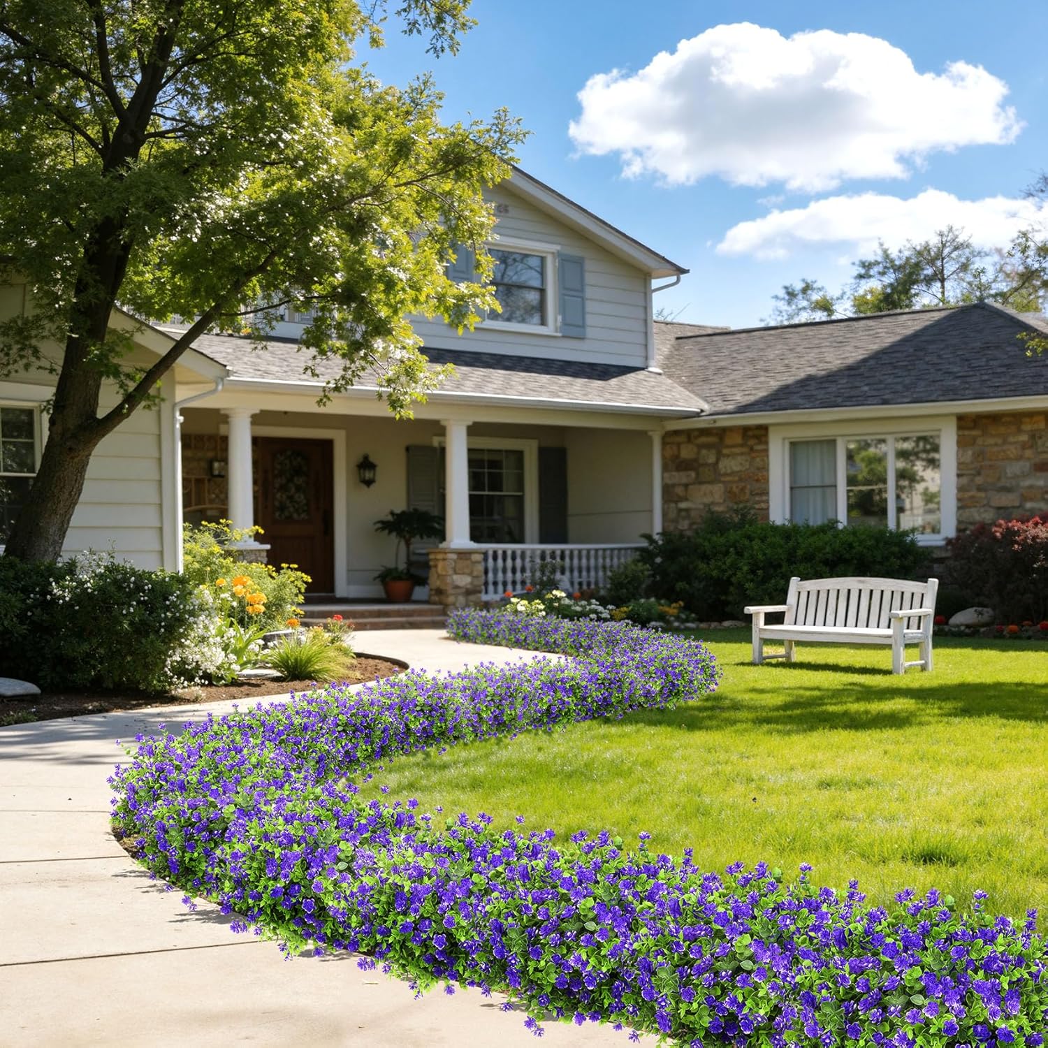 Roberly 24 Bundles Artificial Flowers for Outdoors, UV Resistant Eucalyptus Fake Flowers Shrubs Greenery Plastic Plants for Garden Porch Window Box Farmhouse Indoor Home Decor, Purple