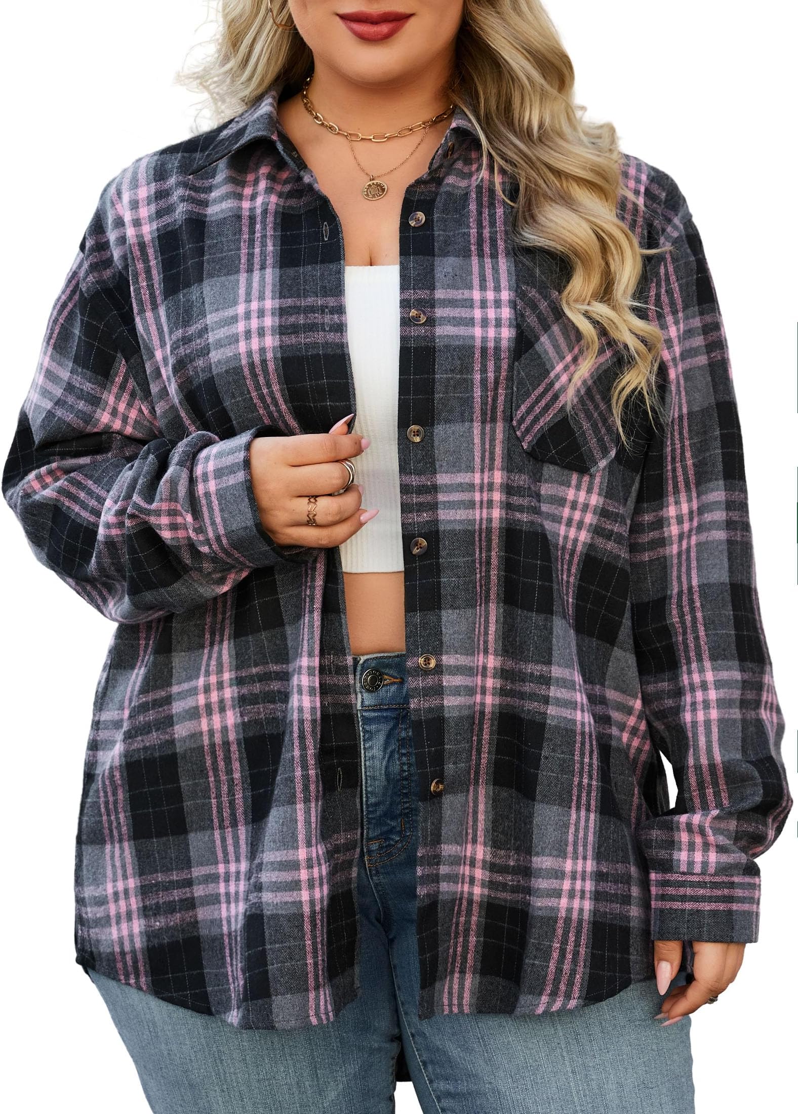 Womens Plaid Shirts Plus Size Soft Long Sleeve Button Down Flannel Shirt Roll Up Oversize Checkered Blouse Top