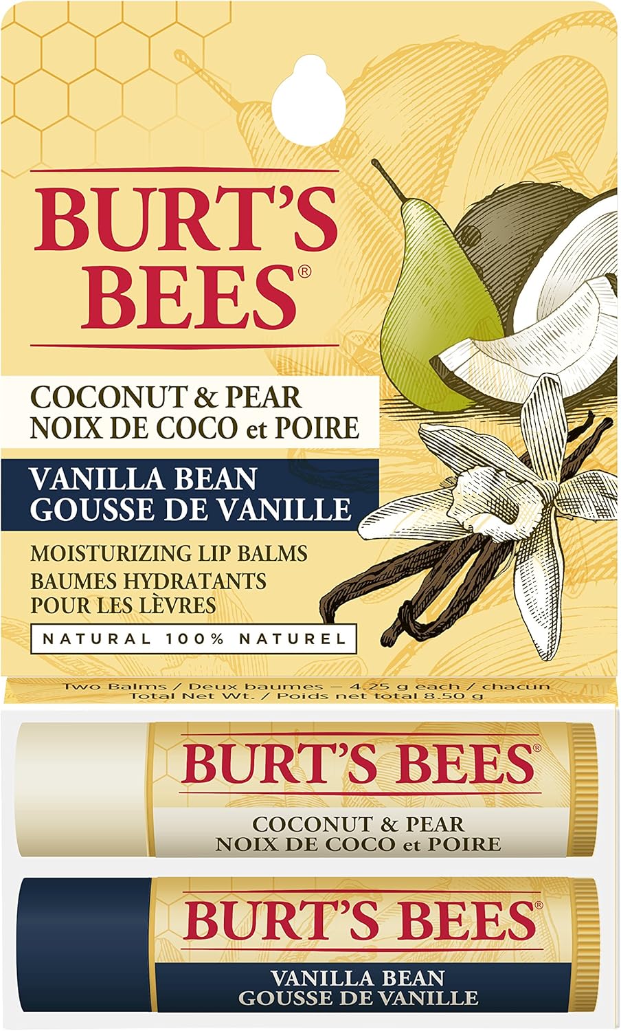 Burt's Bees 100% Natural Origin Moisturizing Lip Balm for Dry Chapped Lips, Get Soft and Hydrated Lips - Pack of 2 - Coconut & Pear and Vanilla Bean