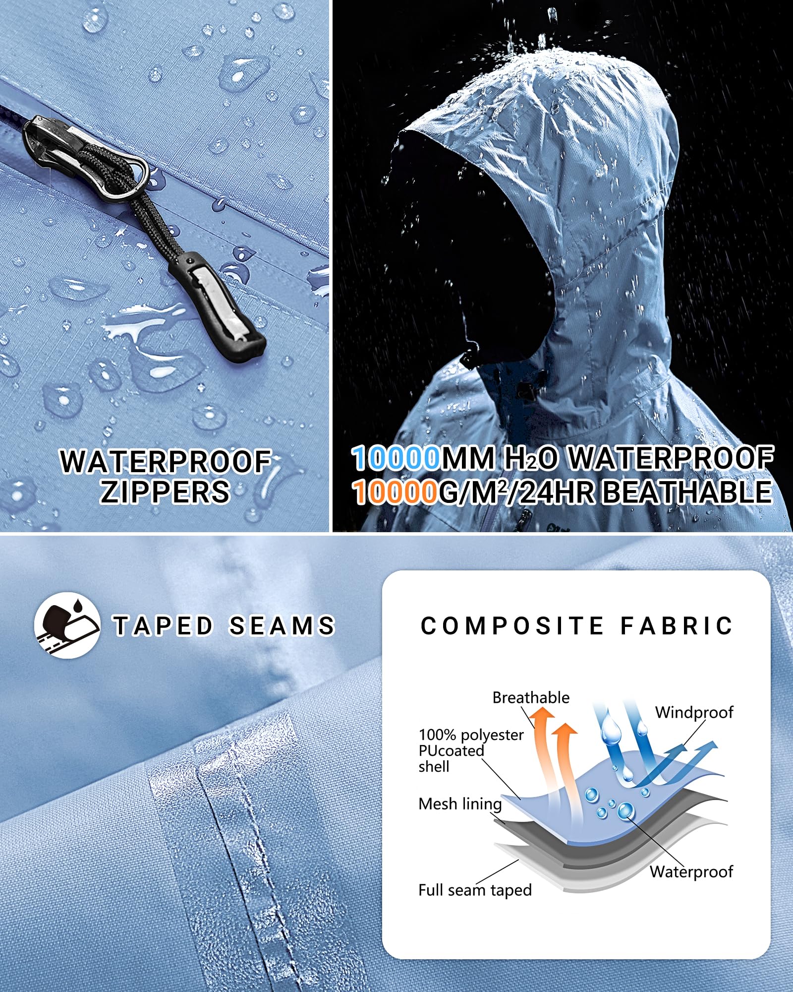 Outdoor Ventures Veste imperméable pour femme - Légère - Coupe-vent - Pliable - Veste de pluie pour l'extérieur, la course à pied, le golf, le cyclisme - Veste softshell avec capuche