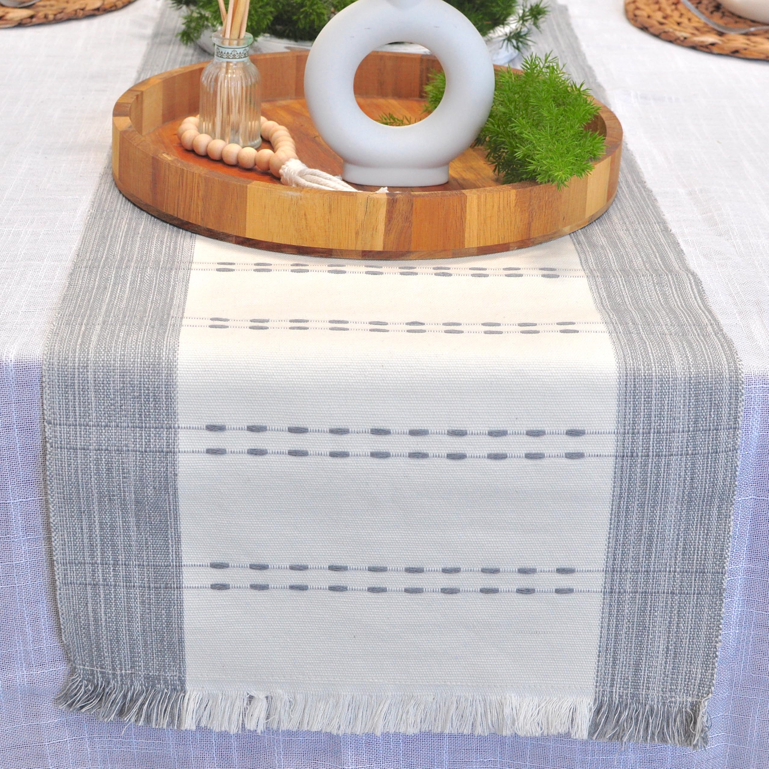 Camino de mesa tejido de algodón orgánico a rayas con flecos, tela rústica de granja, camino de mesa de comedor para cocina, mesa de buffet, bufanda de tocador, antideslizante, lavable, textura