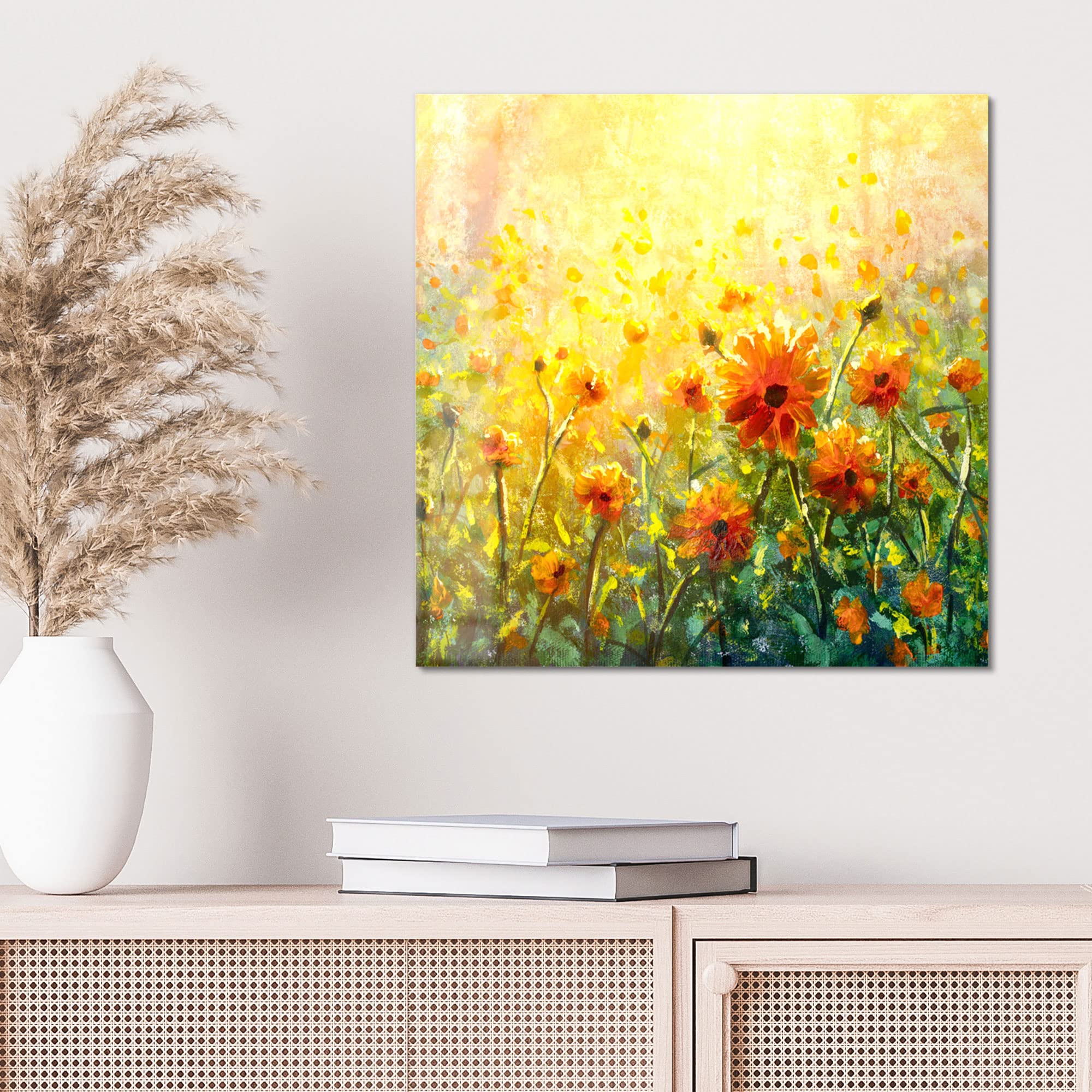 Tableau En Verre Décoratif « Prairie Fleurie Et Montagnes » - DEQORI - Sur Mesure