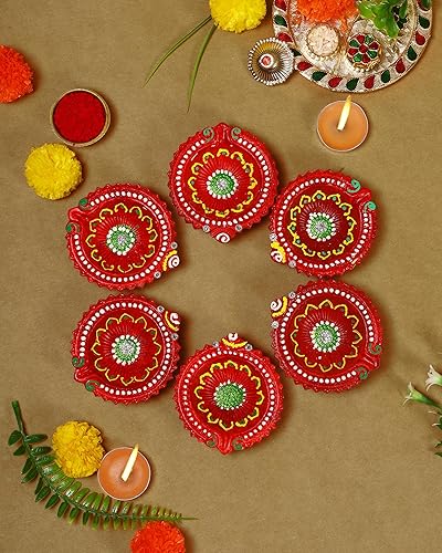 Miniatura 3 de Terracoaat - Juego de 6 piezas de arcilla multicolor de alta calidad para Diwali Navratri, decoración de aceite, lámpara de aceite, diwali, arcilla