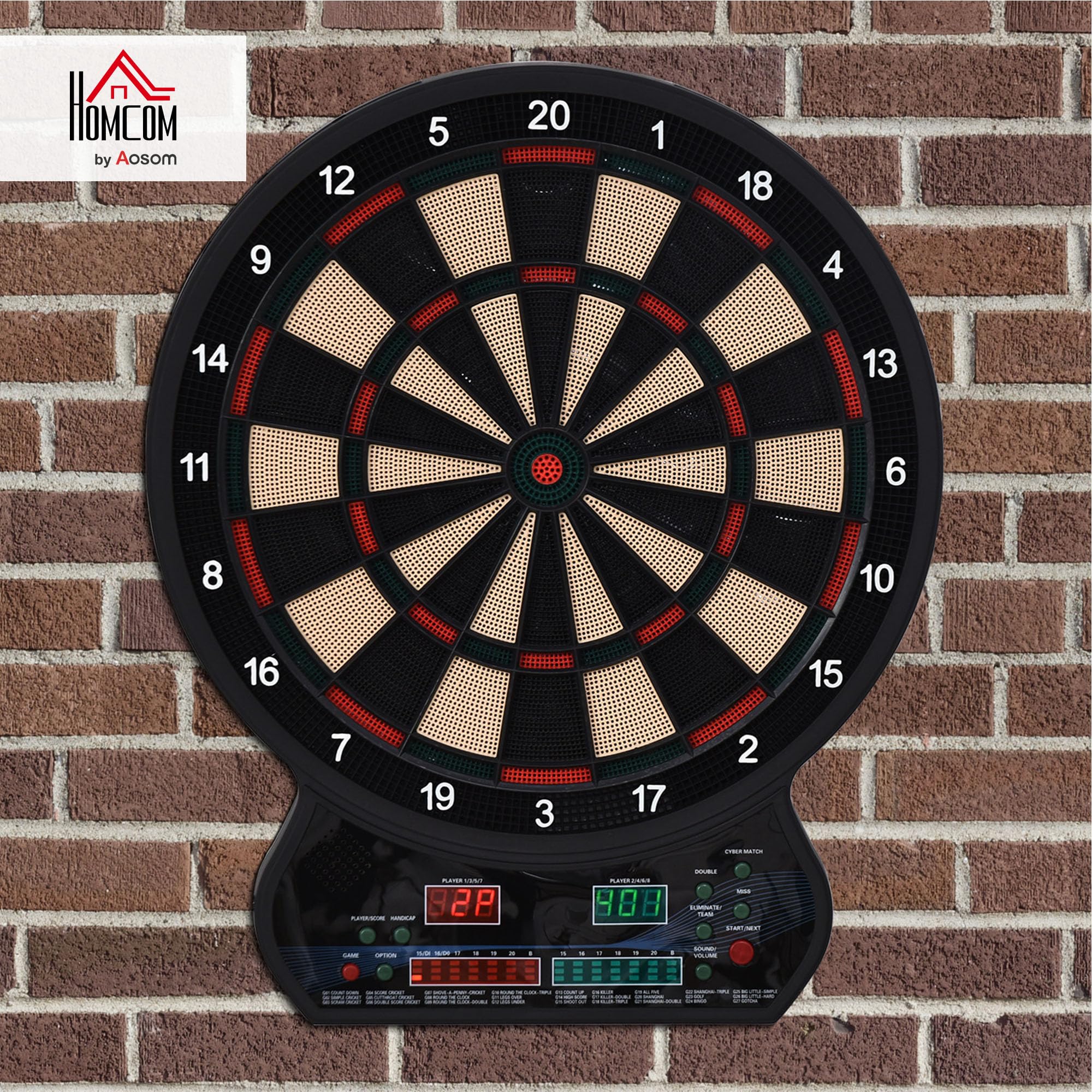 HOMCOM Cible Jeu de fléchettes électronique 27 Jeux et 202 Variations, jusqu'à 8 Joueurs, Affichage LED, Jeu de fléchettes avec 12 fléchettes Pointes Souples et 30 Pointes de Rechange Noir