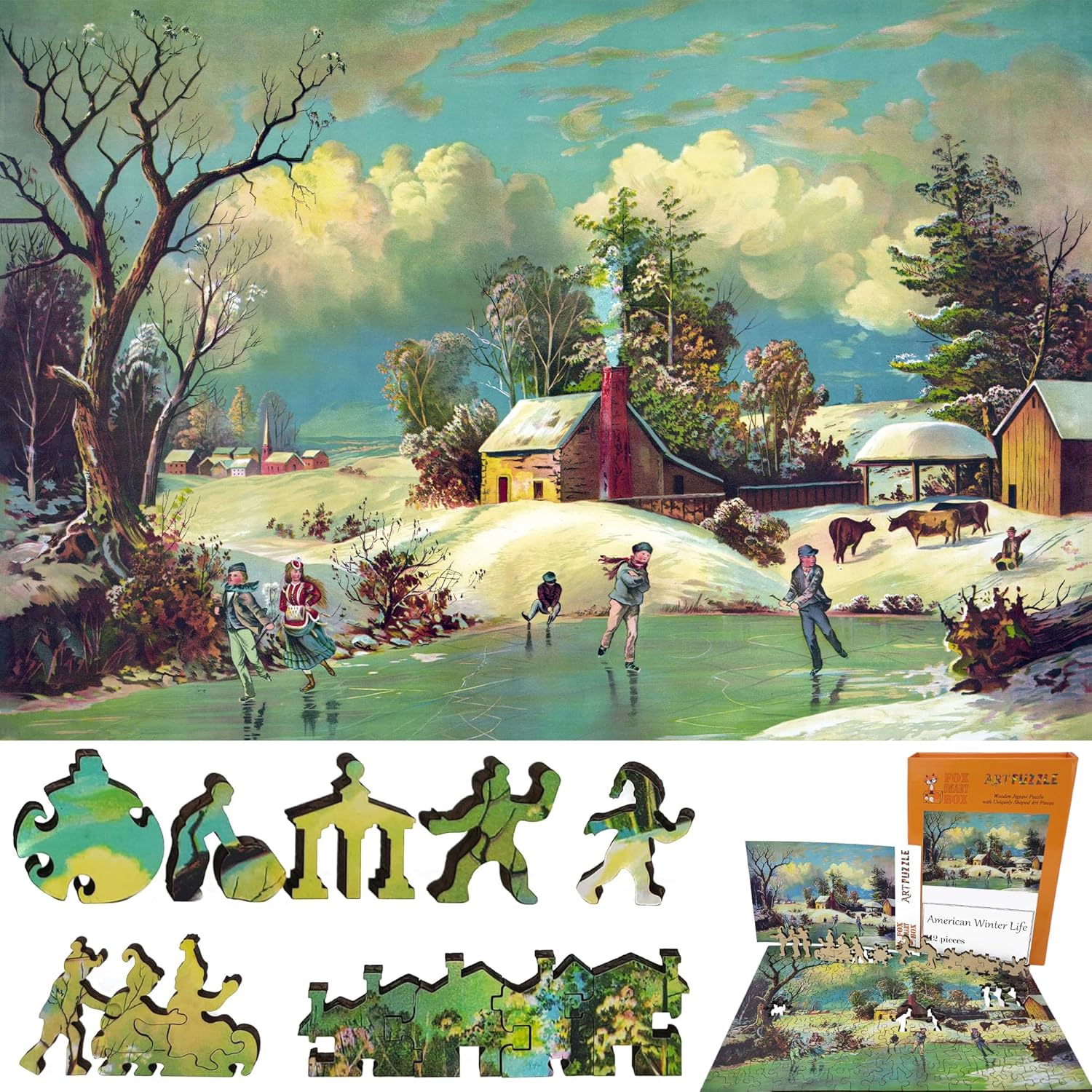 Large Format Wooden Puzzle for Adults and Seniors - Large Pieces Puzzle - Uniquely Shaped Pieces - Made in The USA by FoxSmartBox - 212 Pieces - American Winter Life