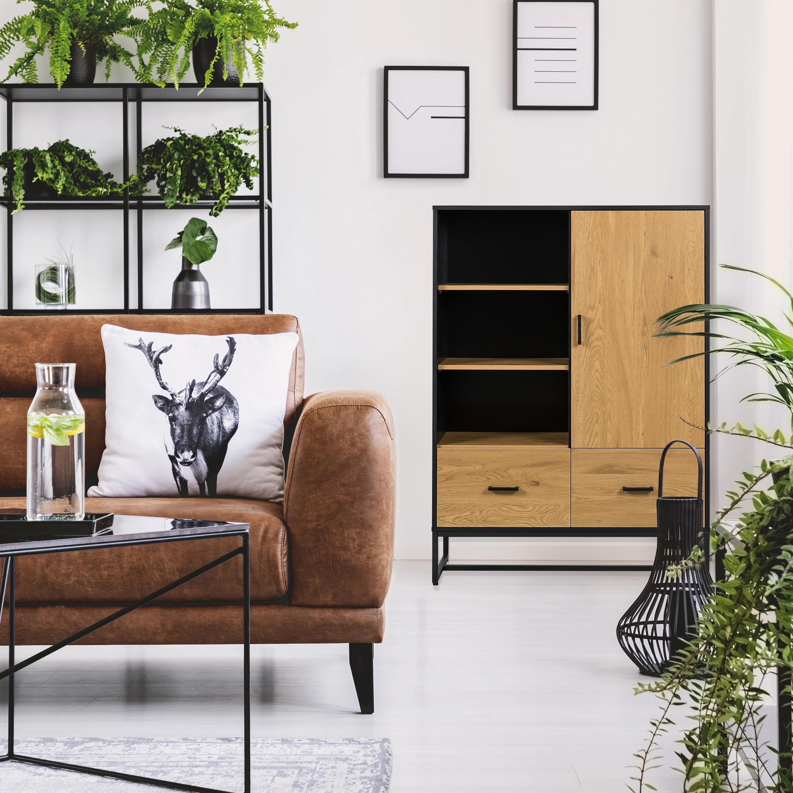 Highboard mit 2 Schubladen und Türe 100x40x140 cm AMIO H Regal Büroschrank mit viel Stauraum, Einlegeböden verstellbar, Schwarz/Eiche