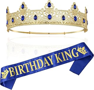 Birthday King Crown and Sash, Costume Headwear for Men, Birthday Party Decoration (Gold-Blue)