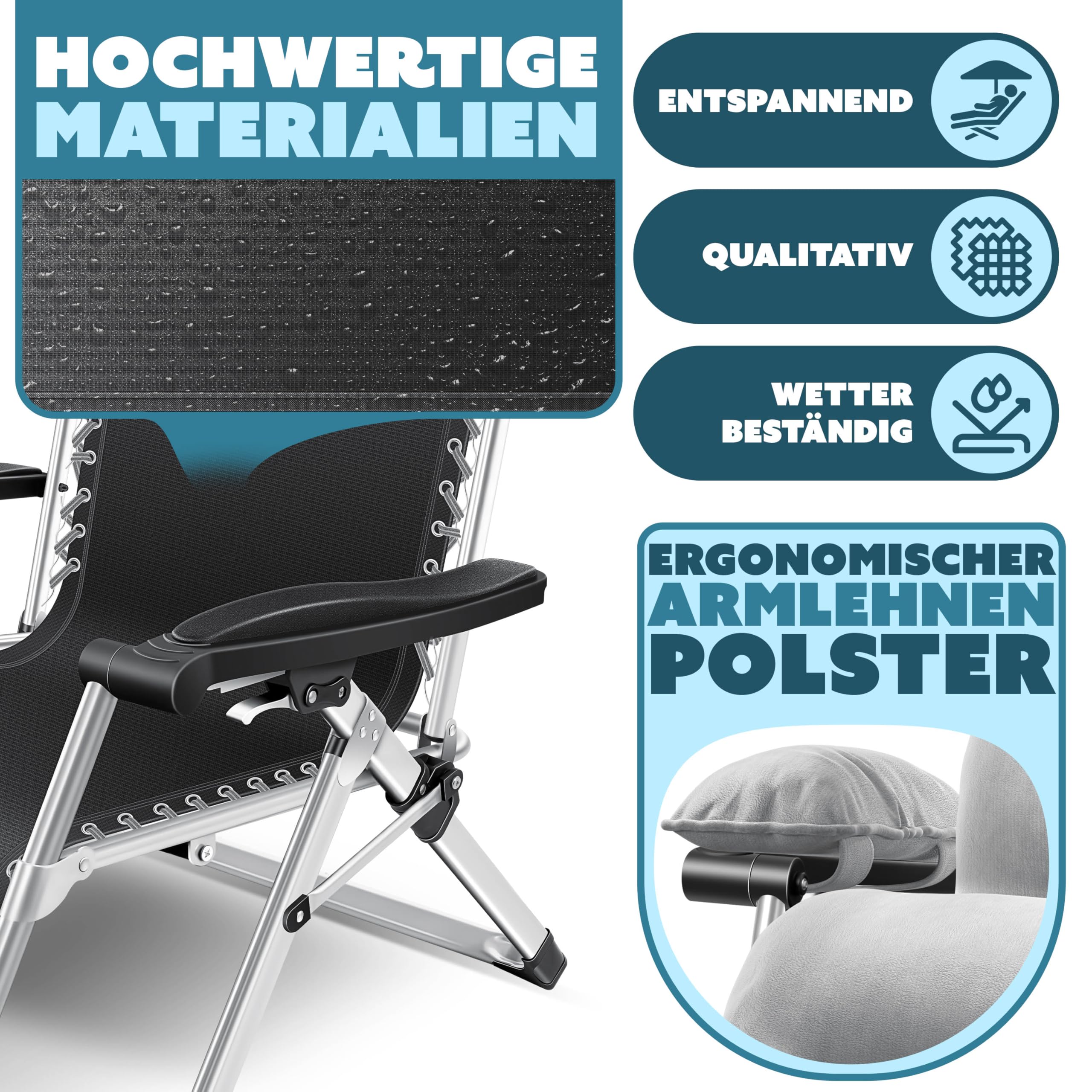 KESSER® Chaise longue pliable XXL, résistante aux intempéries, capacité de charge 200 kg, revêtement ergonomique, dossier réglable, coussin cervical, porte-gobelet et coussin pour bras, Basic - Gris