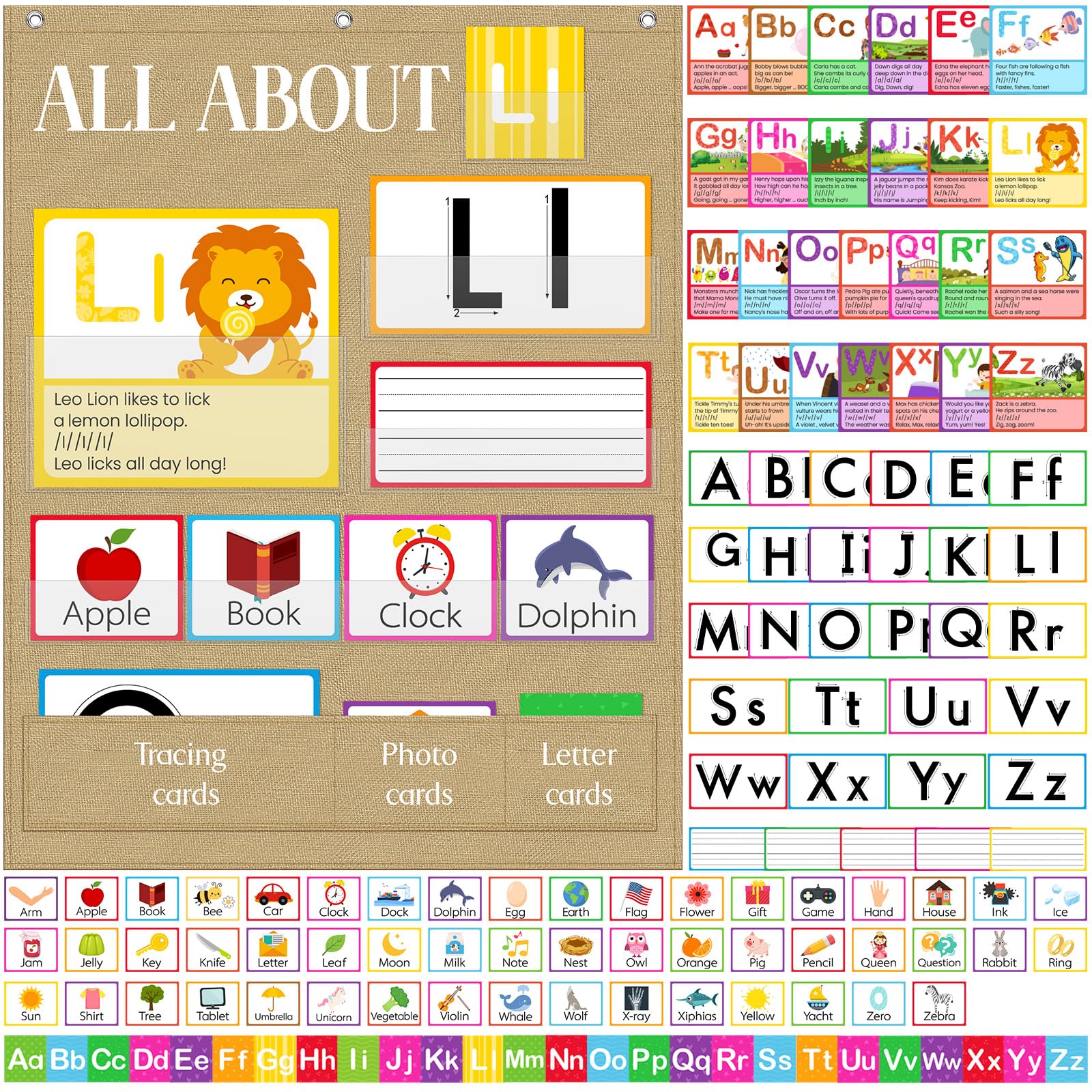 Motiskyy 34" x 27" All About Letters Pocket Chart Alphabet Learning Pocket Chart Letter of The Day/Week Activity Wall Alphabet Card for Homeschool Preschool Kindergarten Kid Learning(Linen, Cute)