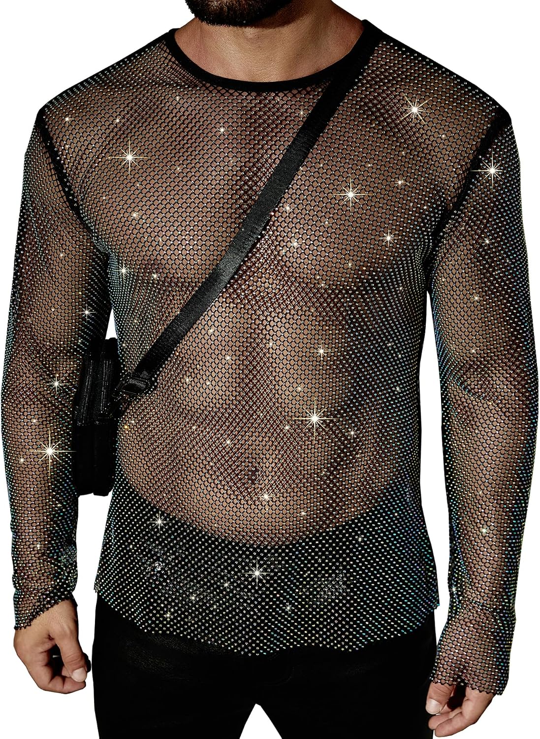 Men's Rhinestone Mesh Shirt Long Sleeve Sheer See Through Festival Top