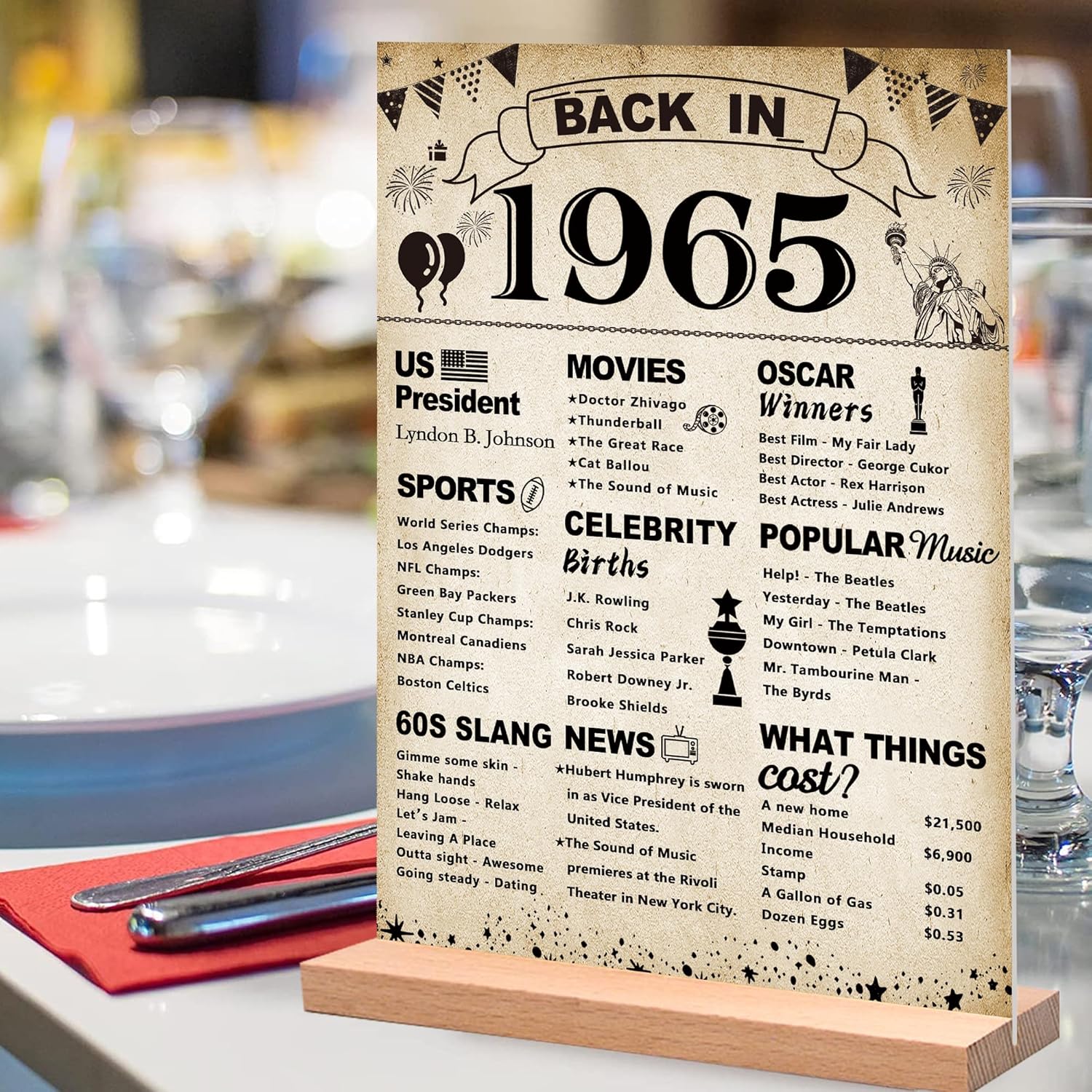 DARUNAXY 61st Birthday Party Decorations, Vintage Back in 1965 Poster Acrylic Sign with Stand 61 Year Old Party Supplies for Men& Women Vintage 1965 Table Decor 61st Anniversary Class Reunion Gifts - Image 4