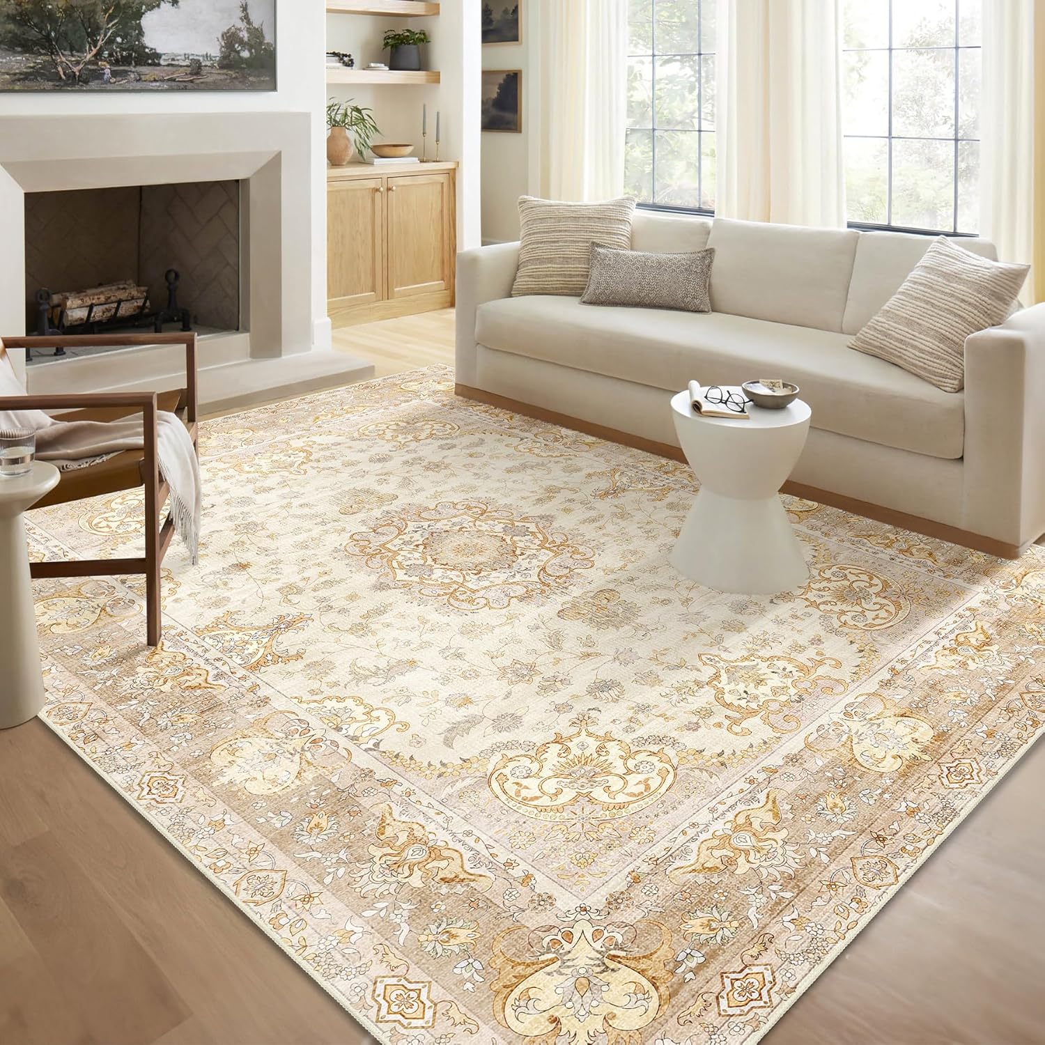 5'x7' Area Rugs Washable,Boho Rug for Living Room Bedroom,Large Vintage Bohemian Distressed Oriental Carpet Non Slip,Beige Gold Floral