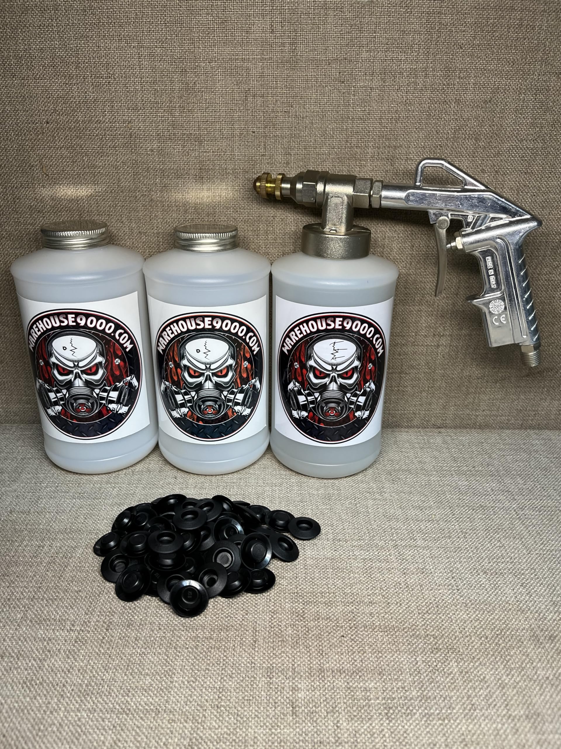 Pro Undercoating Spray Gun, 3 White Quart Bottles, and 50 Rust Plugs