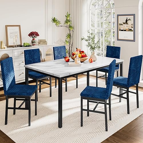 Vista 10 de Recaceik Juego de mesa de comedor de 7 piezas para 6 personas con sillas de espuma de terciopelo, juego de mesa de comedor de cocina de mármol
