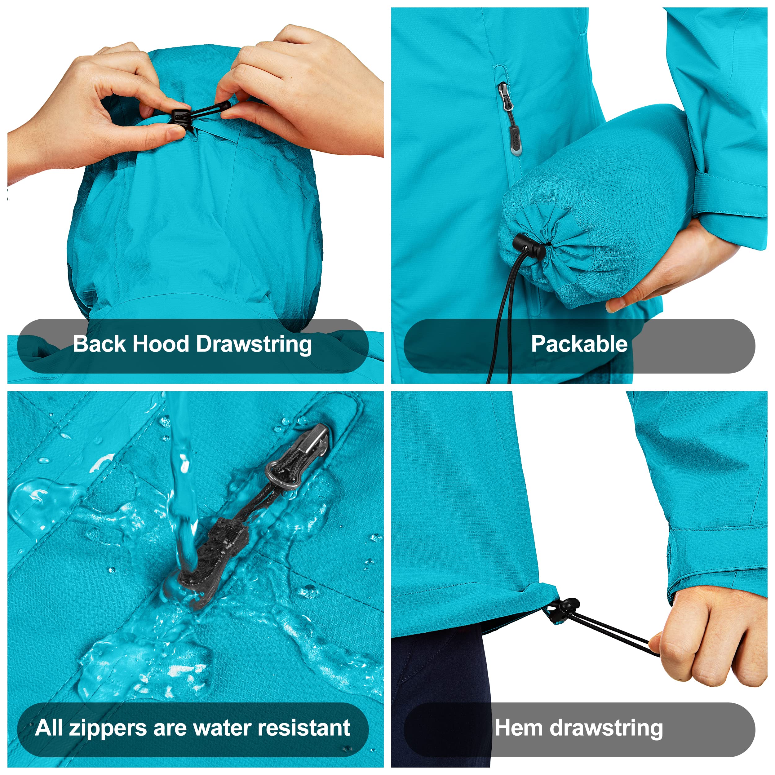 33,000ft Chaqueta impermeable para mujer, chaqueta de entretiempo transpirable, chaqueta ligera con capucha, cortavientos para senderismo, viajes, ciclismo, azul verde, 46