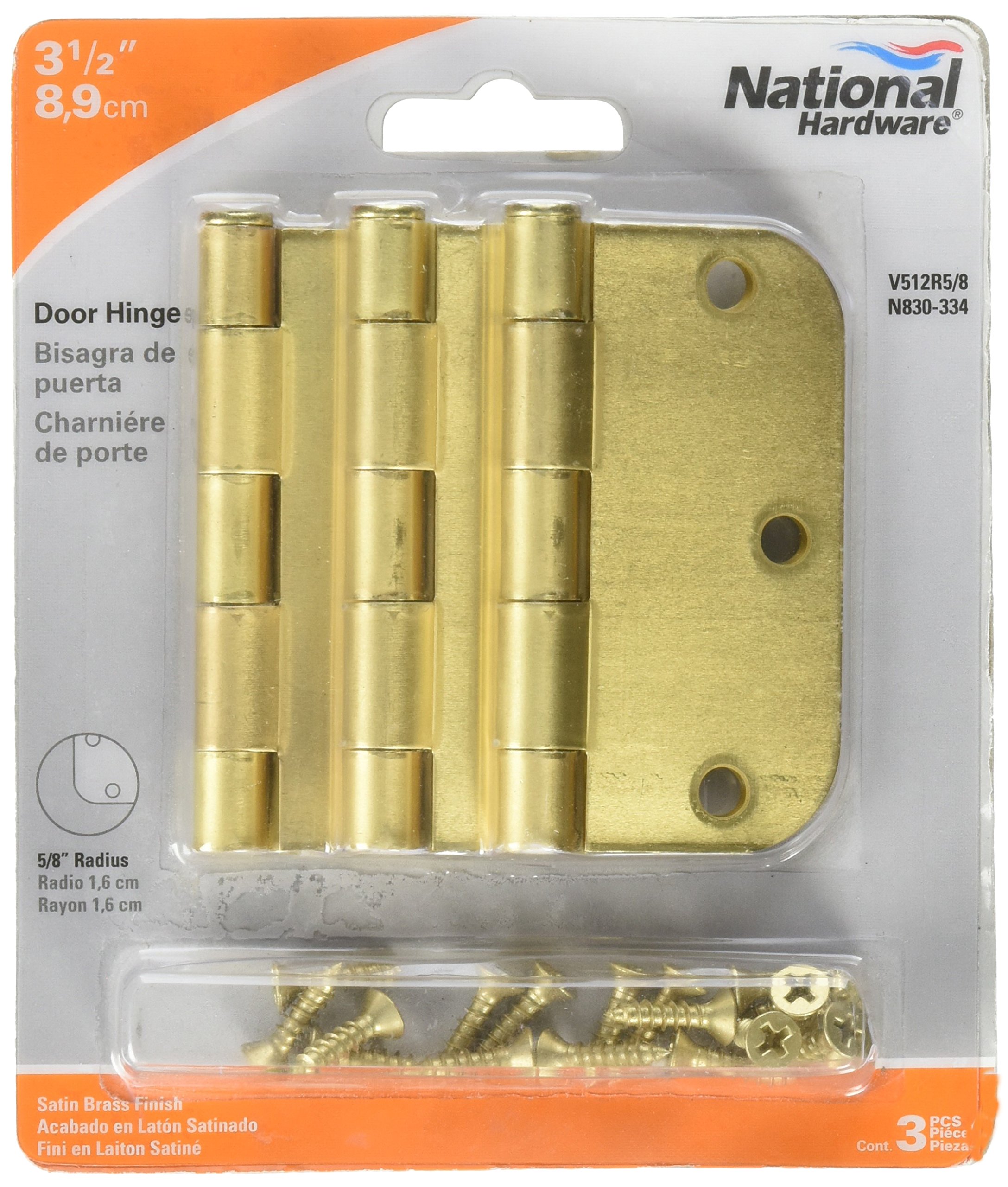 Charnière de porte N830-334 en laiton satiné de 8,9 cm pour huisserie intérieure, lot de 3