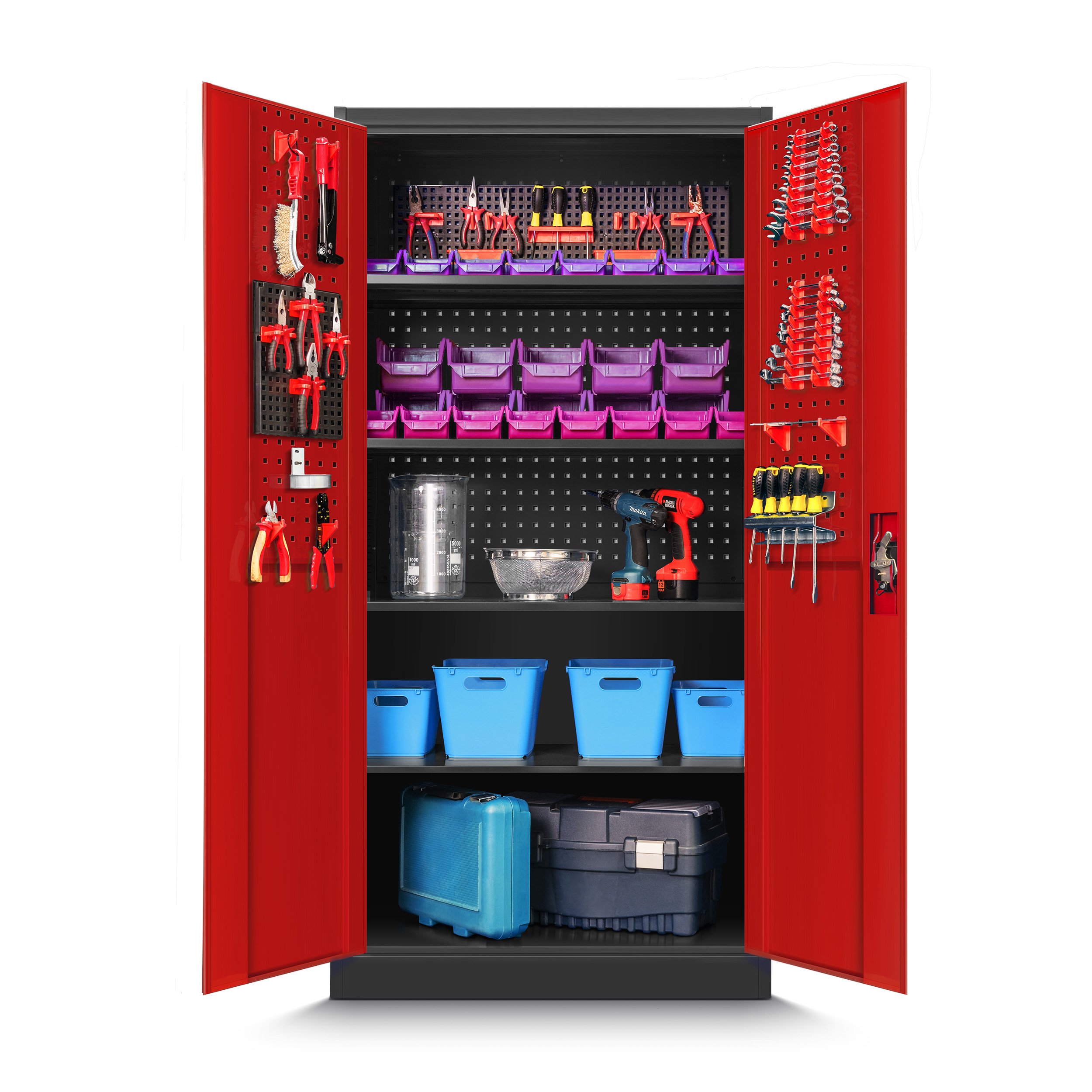 Jan Nowak Armoire à Outils Métallique 4 Étagères 185 x 92 x 50 cm Rouge | Armoire d’atelier verrouillable avec panneau perforé, 4 étagères, portes battantes et finition anthracite-rouge.