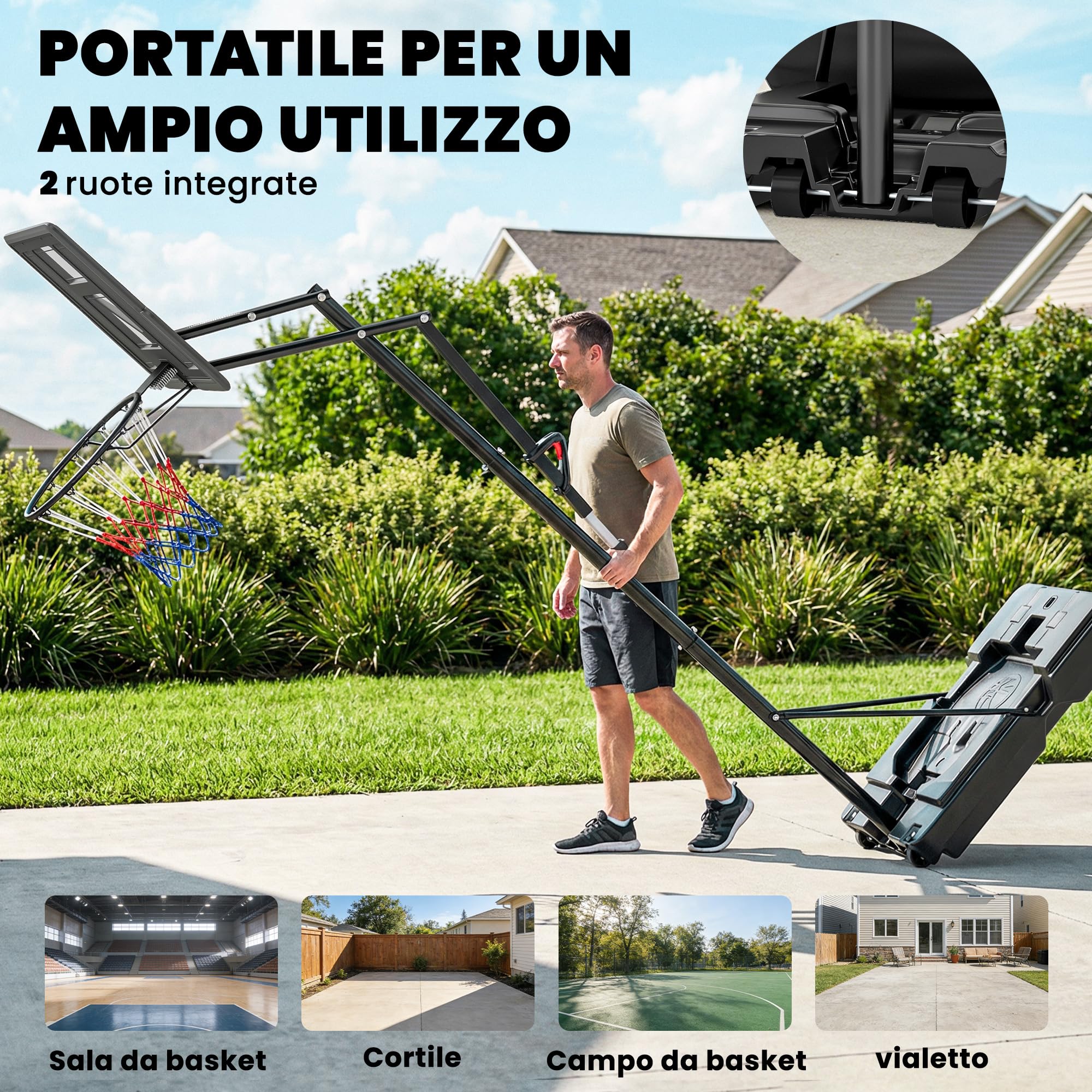 SPORTNOW Canestro Basket Esterno Regolabile in Altezza 235-305 cm, Canestro da Basket con Ruote, Base Riempibile, Sacco di Peso, Tabellone Infrangibile, Portatile per Interno Adulti Adolescenti, Nero