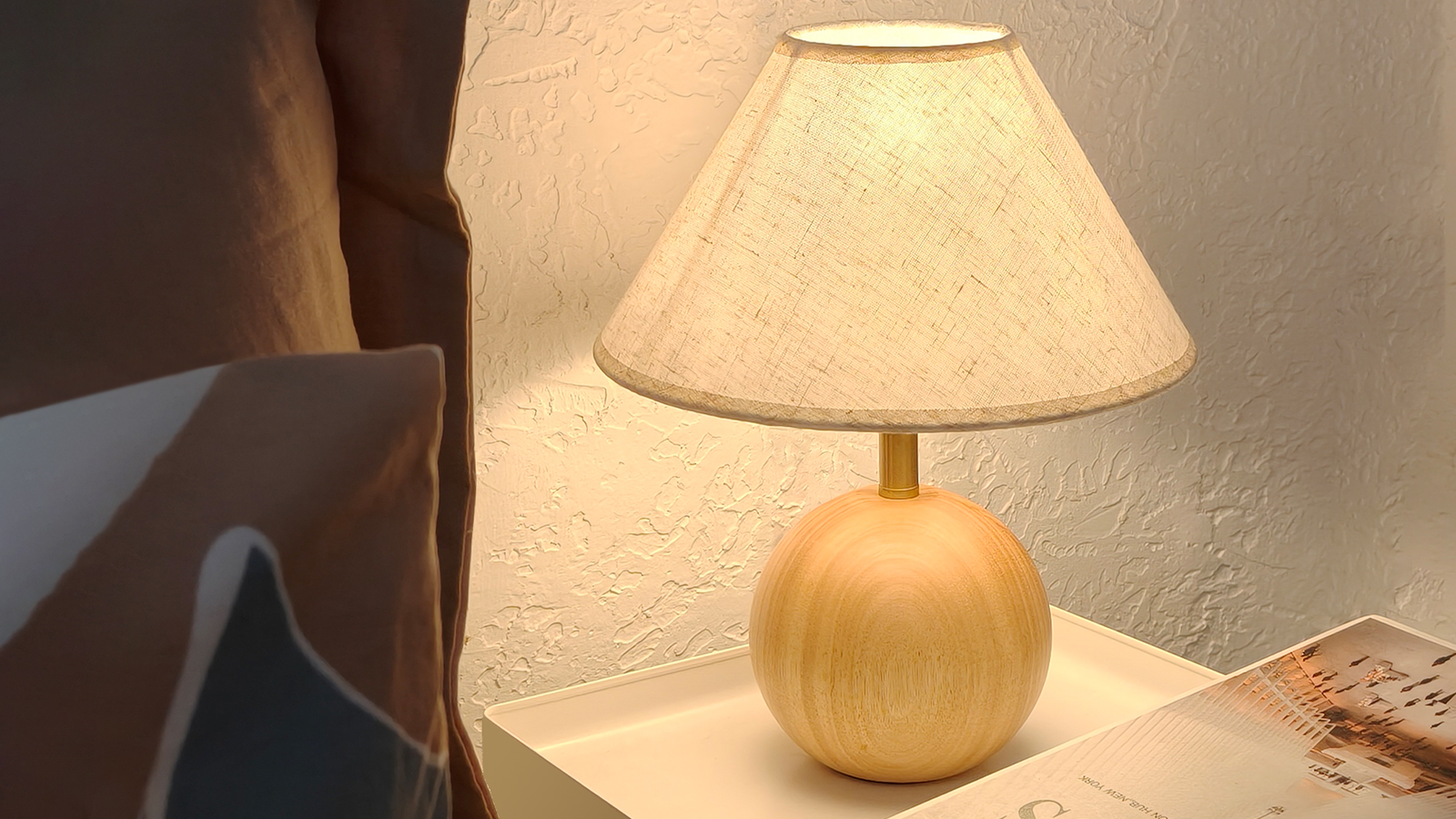 Image of Wood Table Lamp for Bedroom, Flaxen Fabric Shade Small Desk Lamp for Living Room,Decor Ambient Bedside Lamps for Night Stands,LED Bulb (not Included)