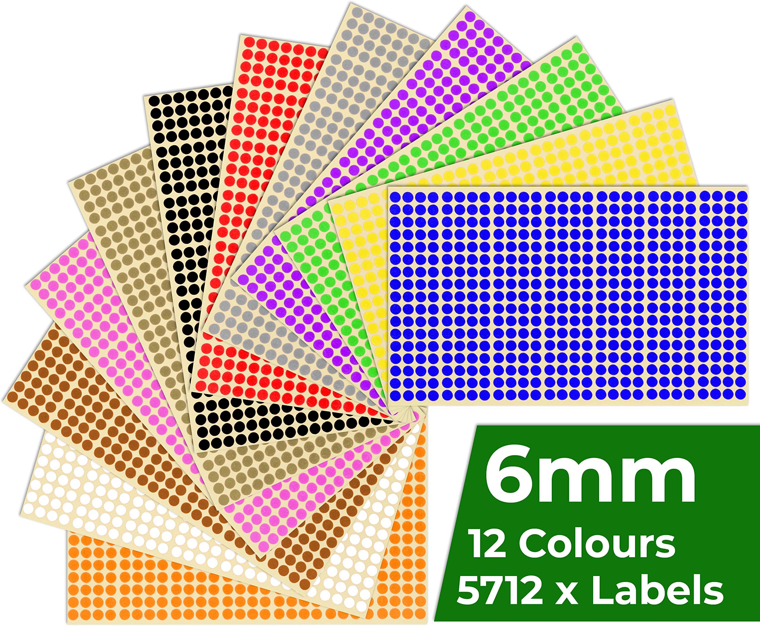 Pack of 12 Multicolour Sheets - 6mm 1/4 Inch - Round Colour Coding Dot Stickers - 5,712 x Sticky Dots