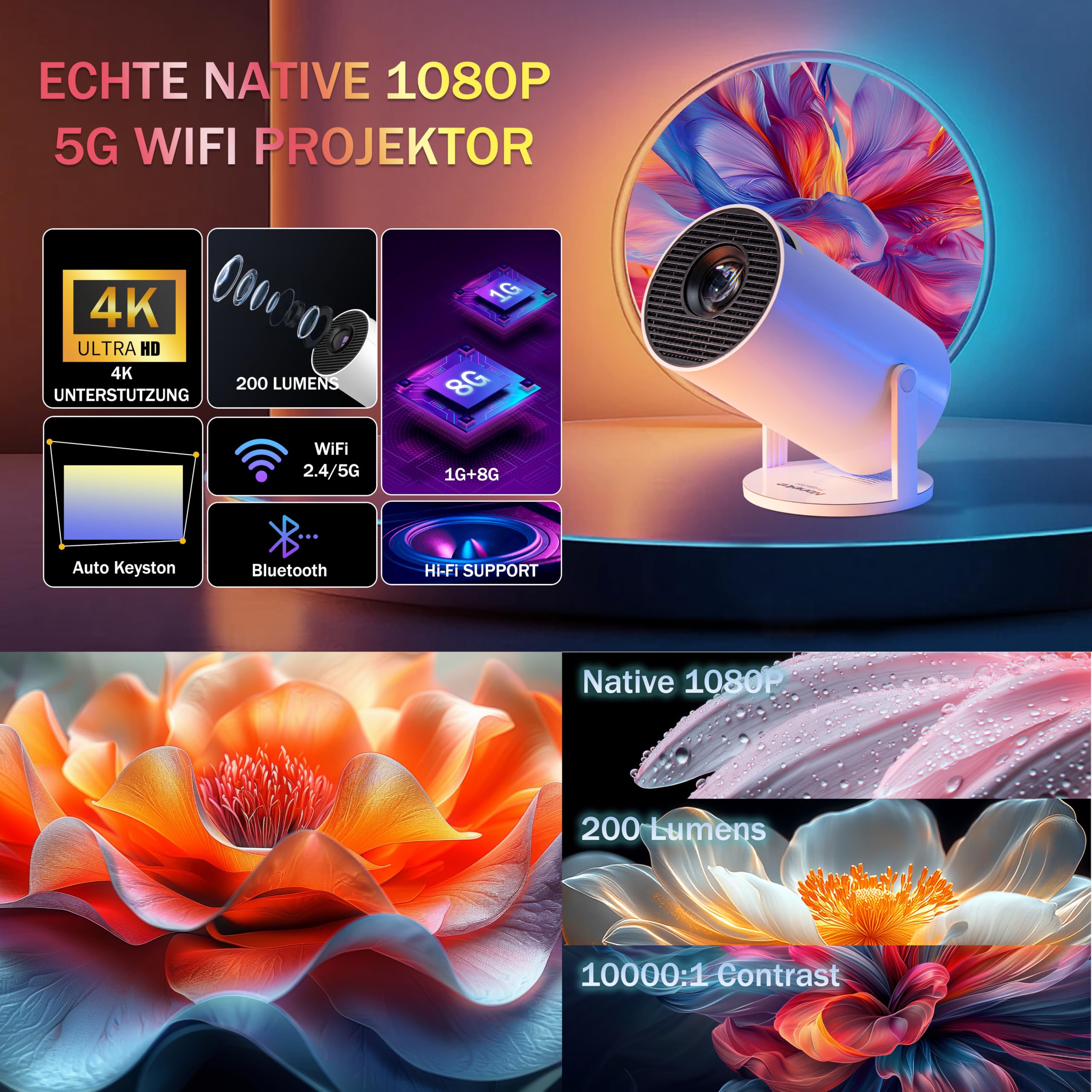 Mini projecteur 4K compatible 1080p Full HD avec WiFi 6 avec BT 5.2, petit projecteur avec applications intégrées avec Keystone automatique et rotation à 270° compatible avec HDMI/TV Stick, blanc